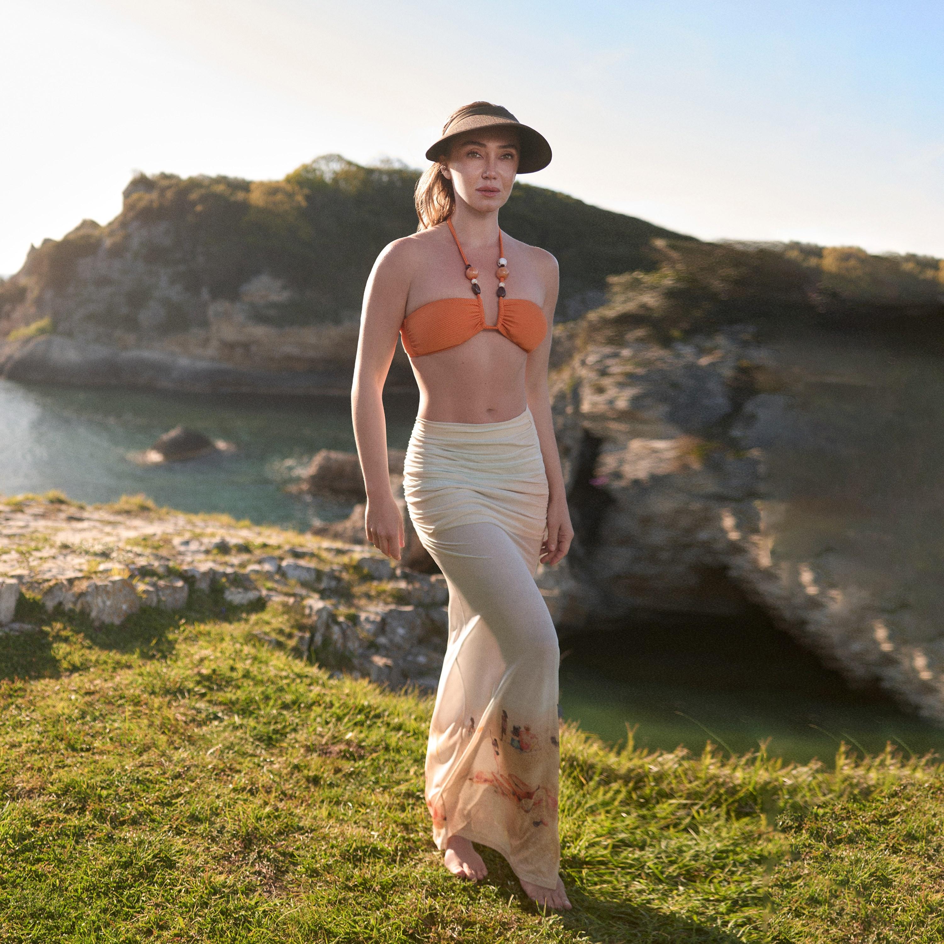KOTON Orange Scenic Print Ruched Slit Women's Maxi Skirt-women-clothing-bottoms-skirts-image-3