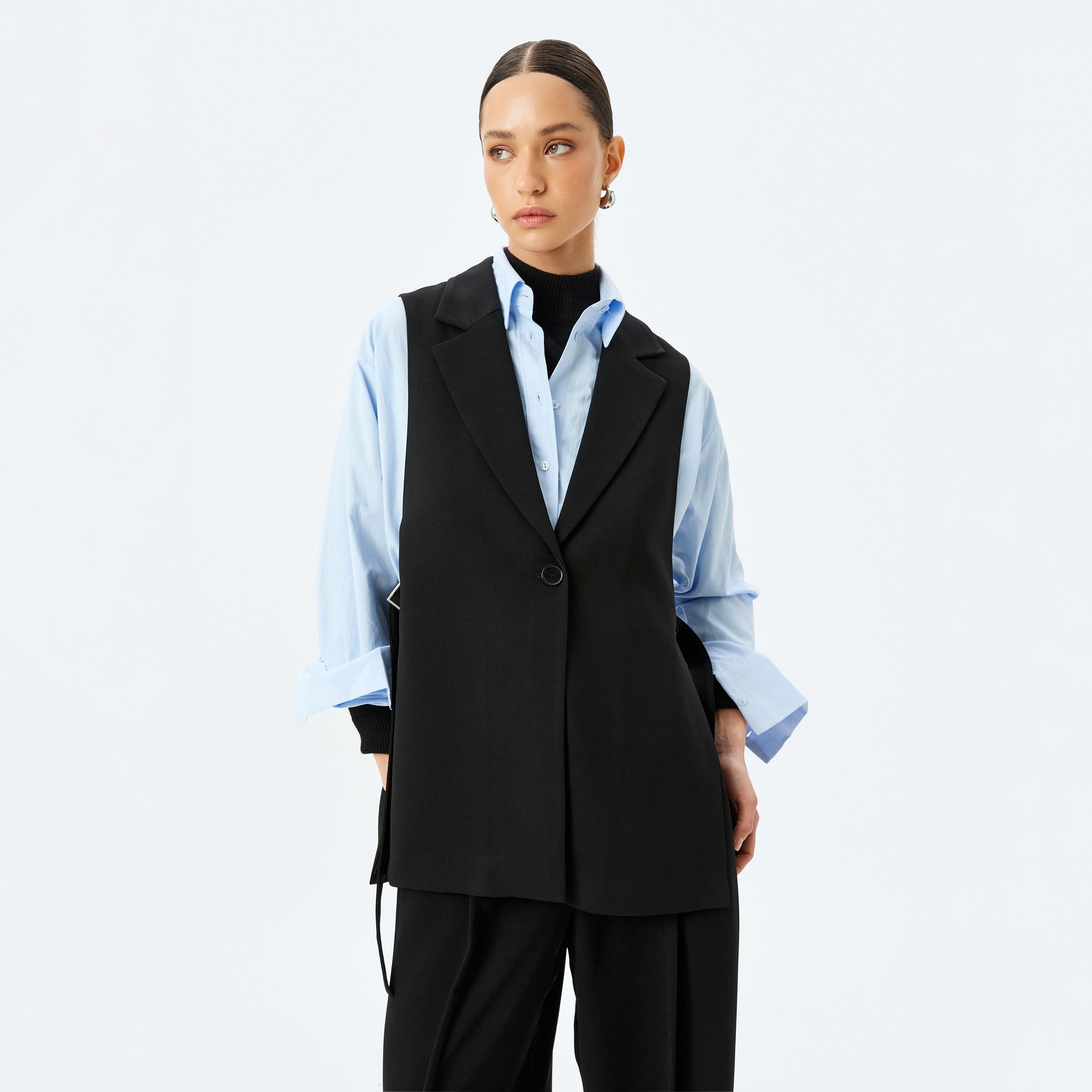 Koton Black Plain Notch Collar Sleeveless Women's Vest-women-winterwear-coatsandjackets-waistcoats-image-1