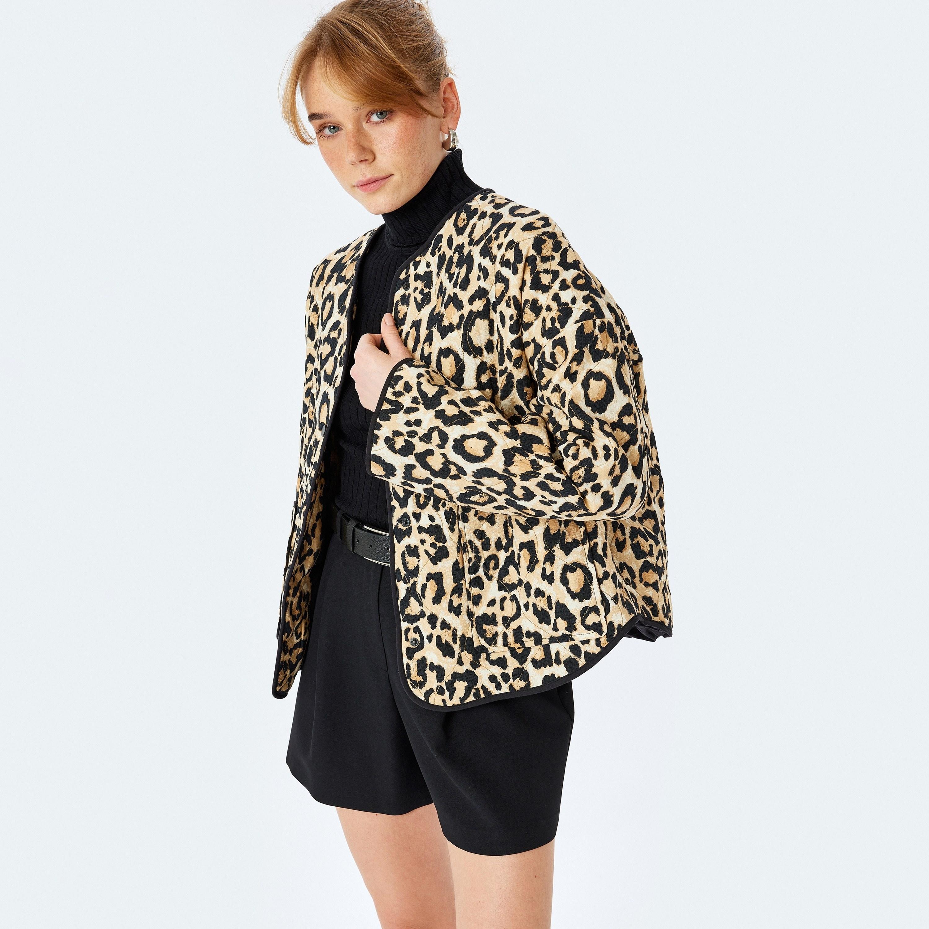 Koton Black Quilted Leopard Print Round Neck Long Sleeves Women's Jacket-women-winterwear-coatsandjackets-jackets-image-2