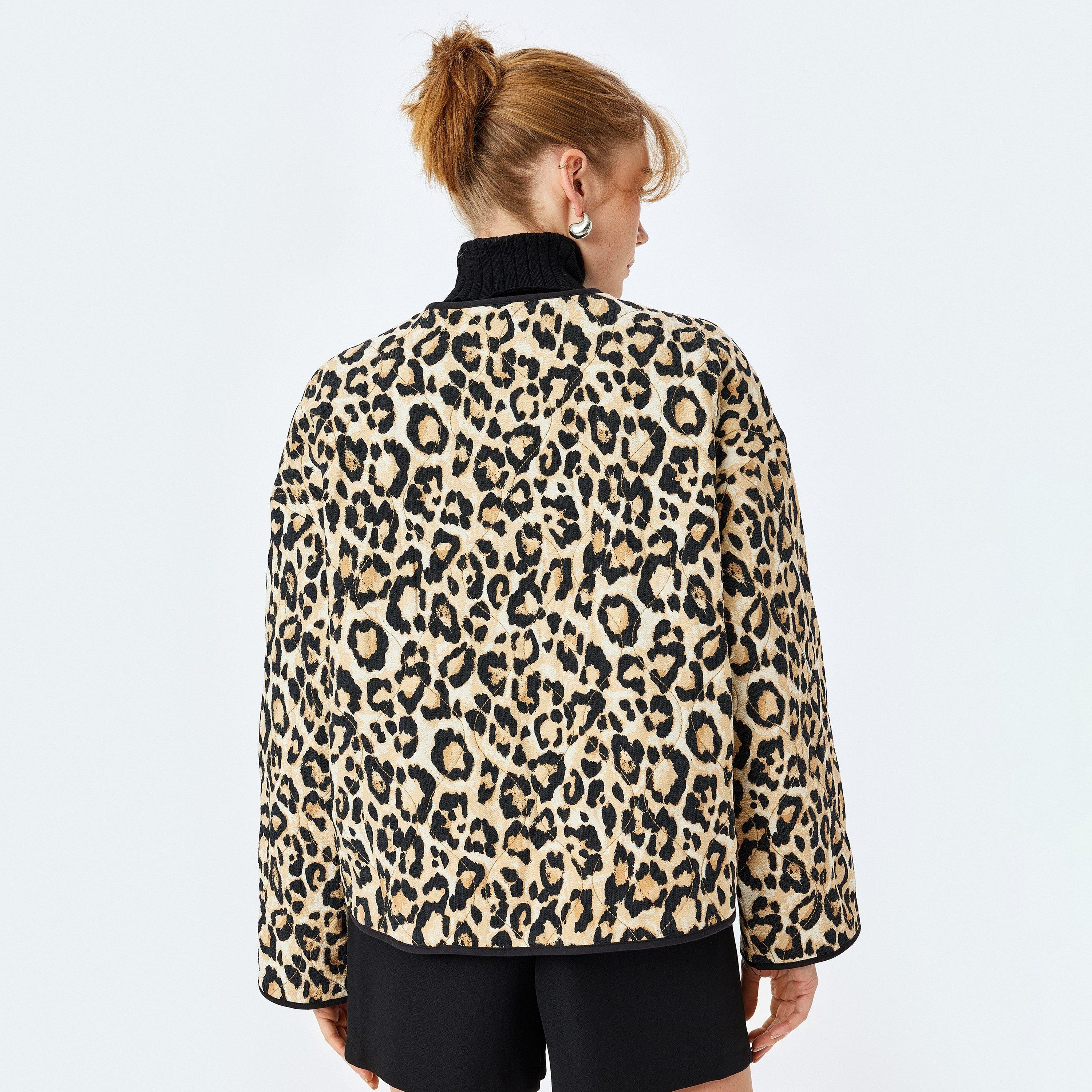 Koton Black Quilted Leopard Print Round Neck Long Sleeves Women's Jacket-women-winterwear-coatsandjackets-jackets-image-3
