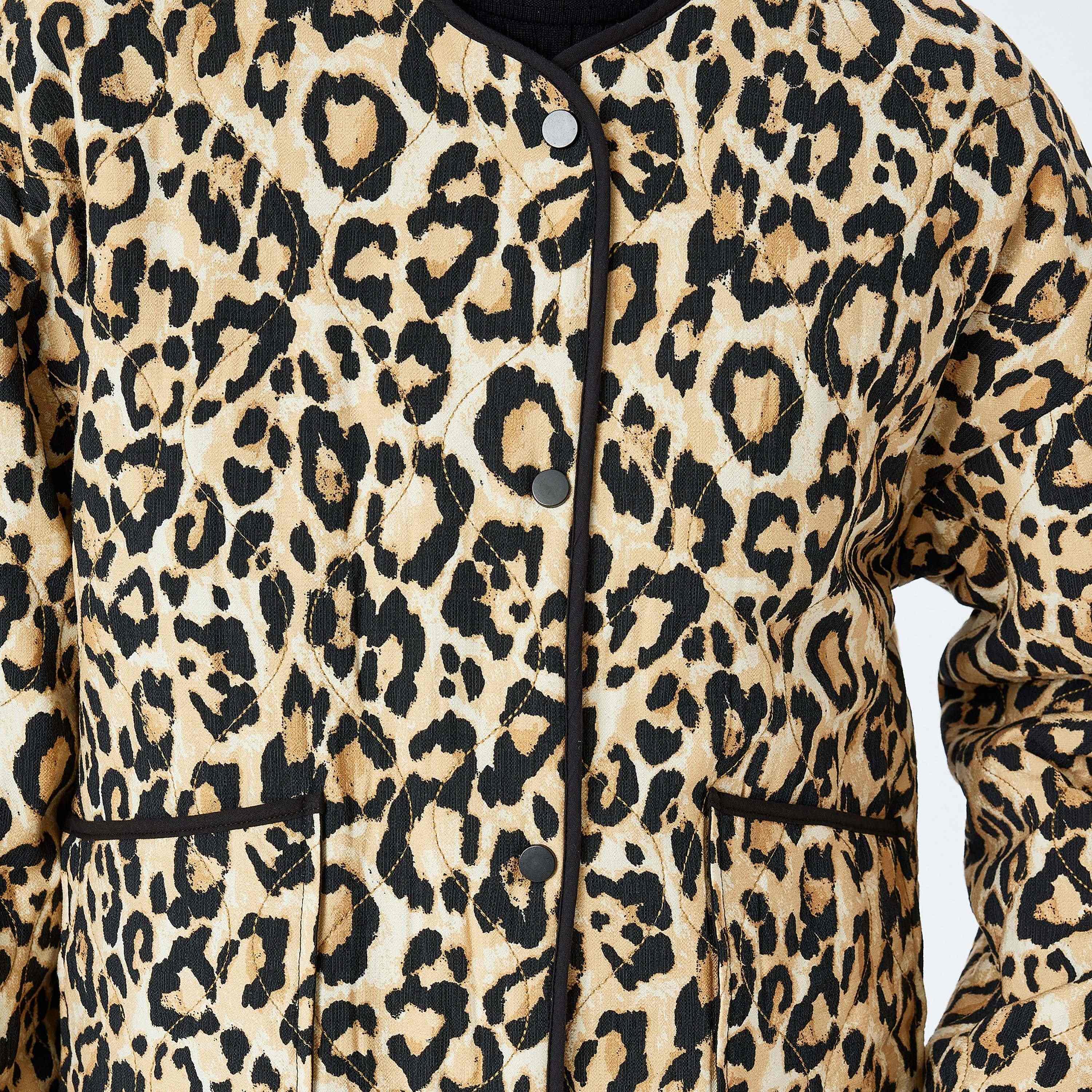 Koton Black Quilted Leopard Print Round Neck Long Sleeves Women's Jacket-women-winterwear-coatsandjackets-jackets-image-4