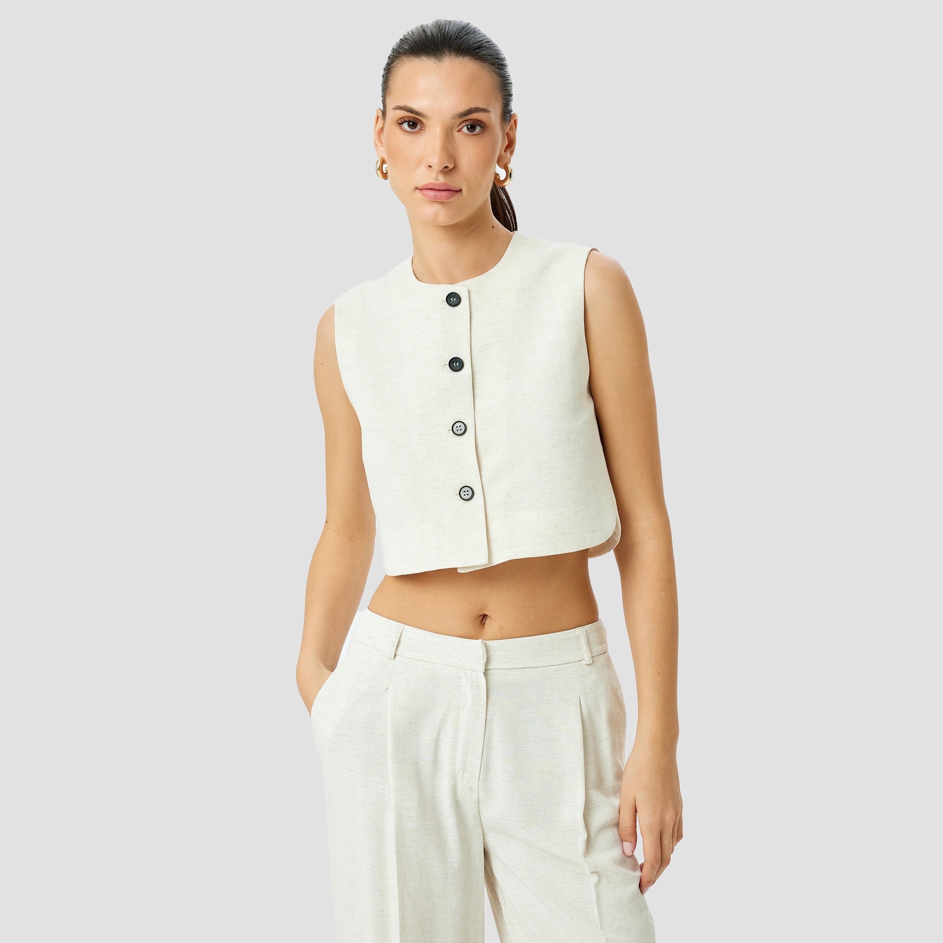 Koton Beige Plain Round Neck Sleeveless Women's Vest-women-winterwear-coatsandjackets-waistcoats-image-1