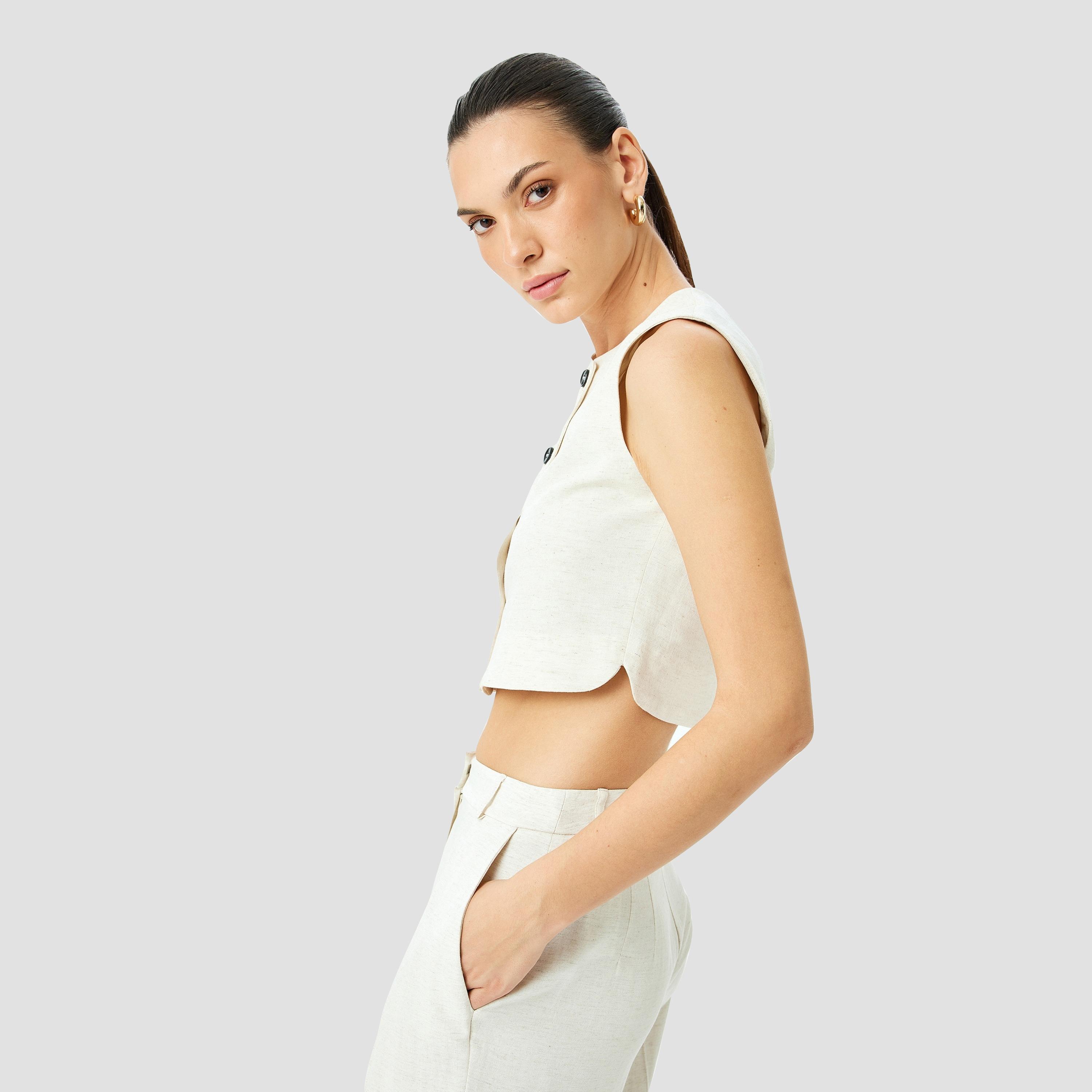 Koton Beige Plain Round Neck Sleeveless Women's Vest-women-winterwear-coatsandjackets-waistcoats-image-2
