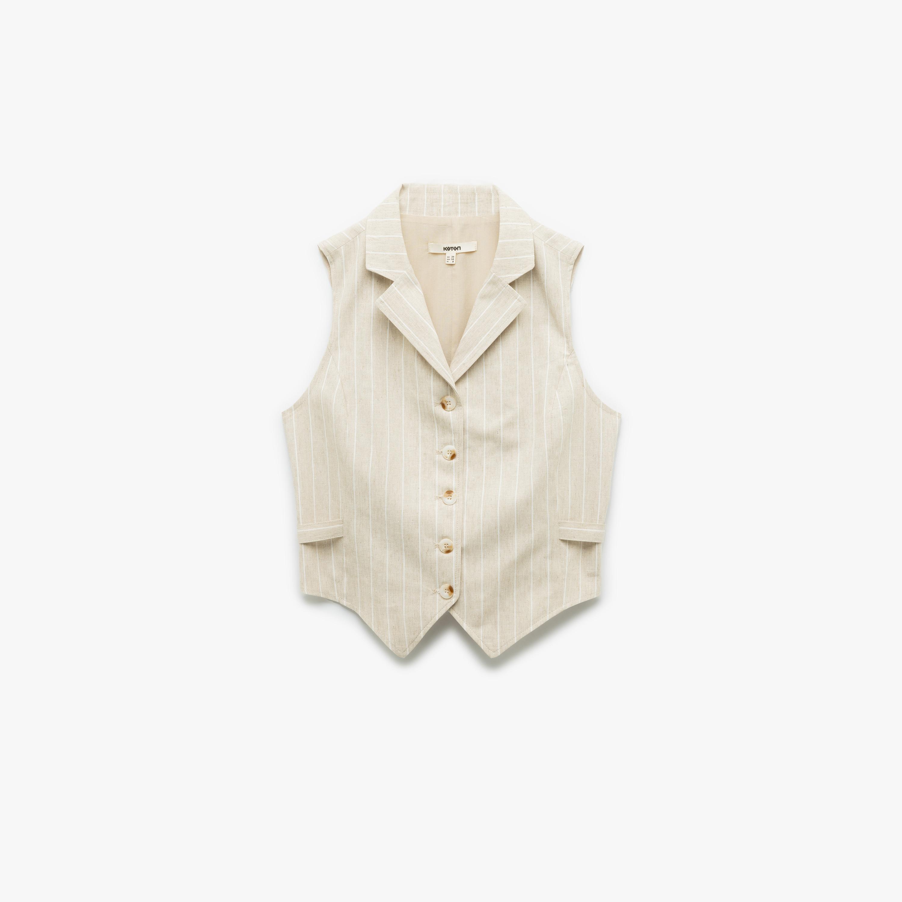 KOTON Beige Striped Linen Lapel Collar Women's Vest-women-winterwear-coatsandjackets-waistcoats-image-4