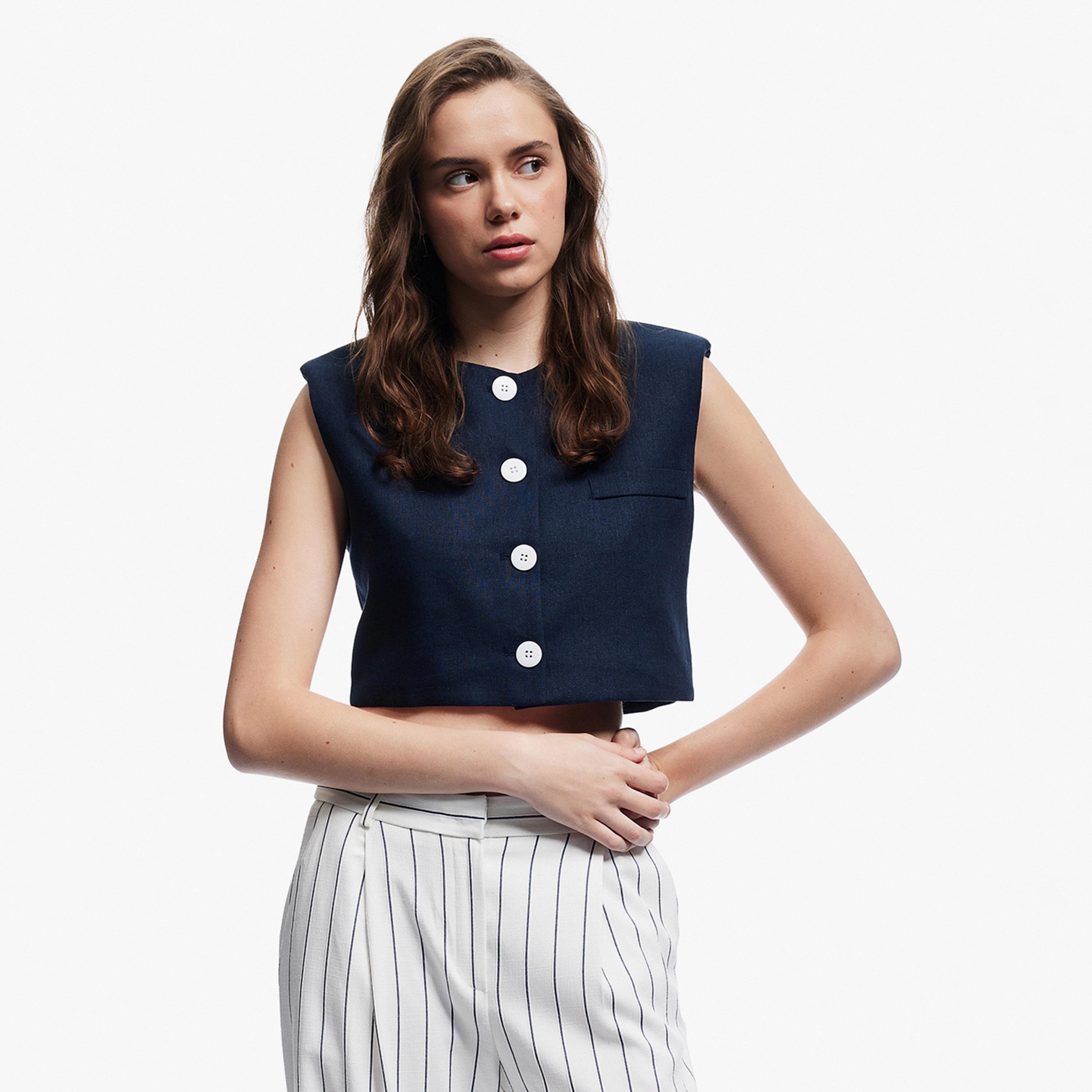 KOTON Deep Blue Linen Women's Vest-women-winterwear-coatsandjackets-waistcoats-image-1