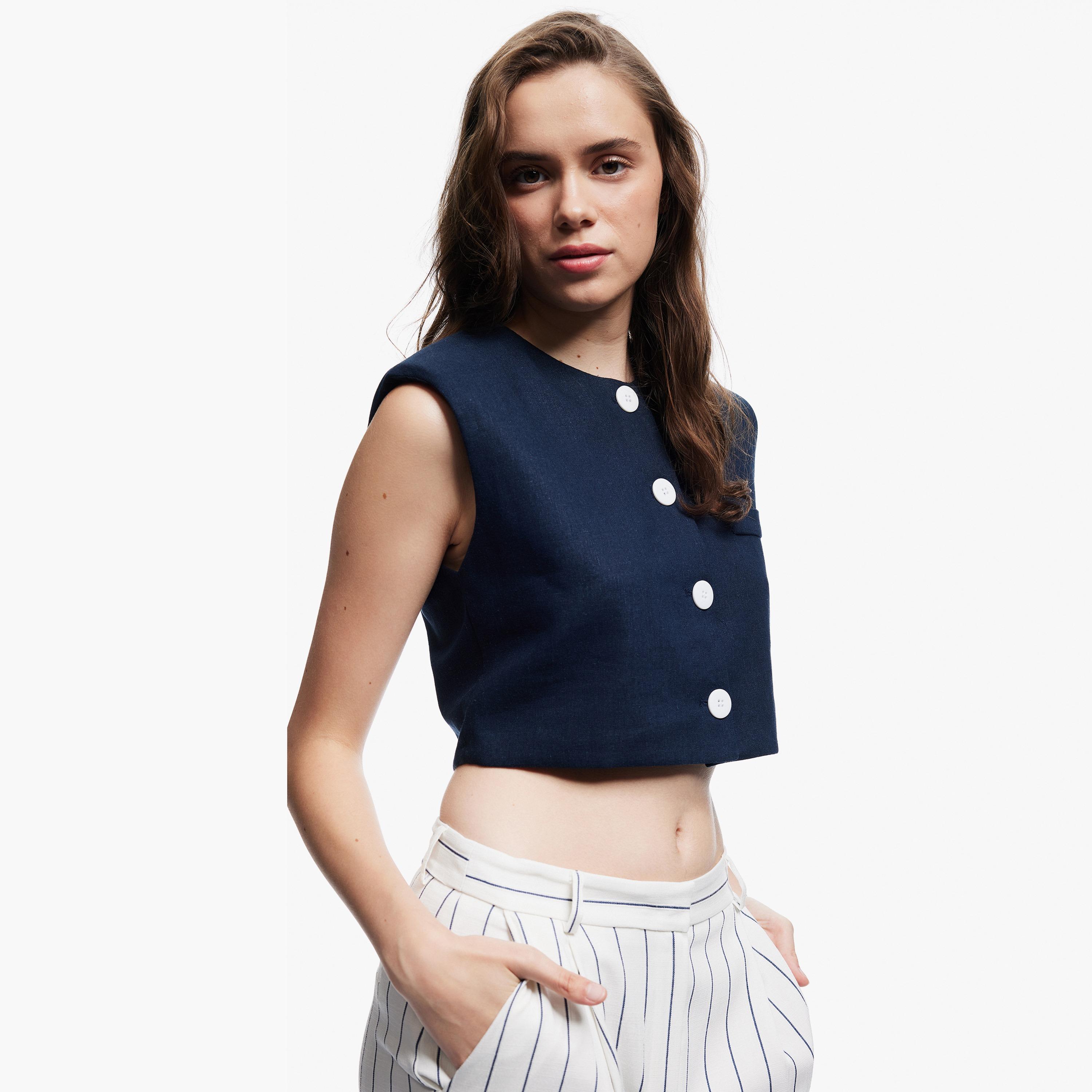 KOTON Deep Blue Linen Women's Vest-women-winterwear-coatsandjackets-waistcoats-image-3