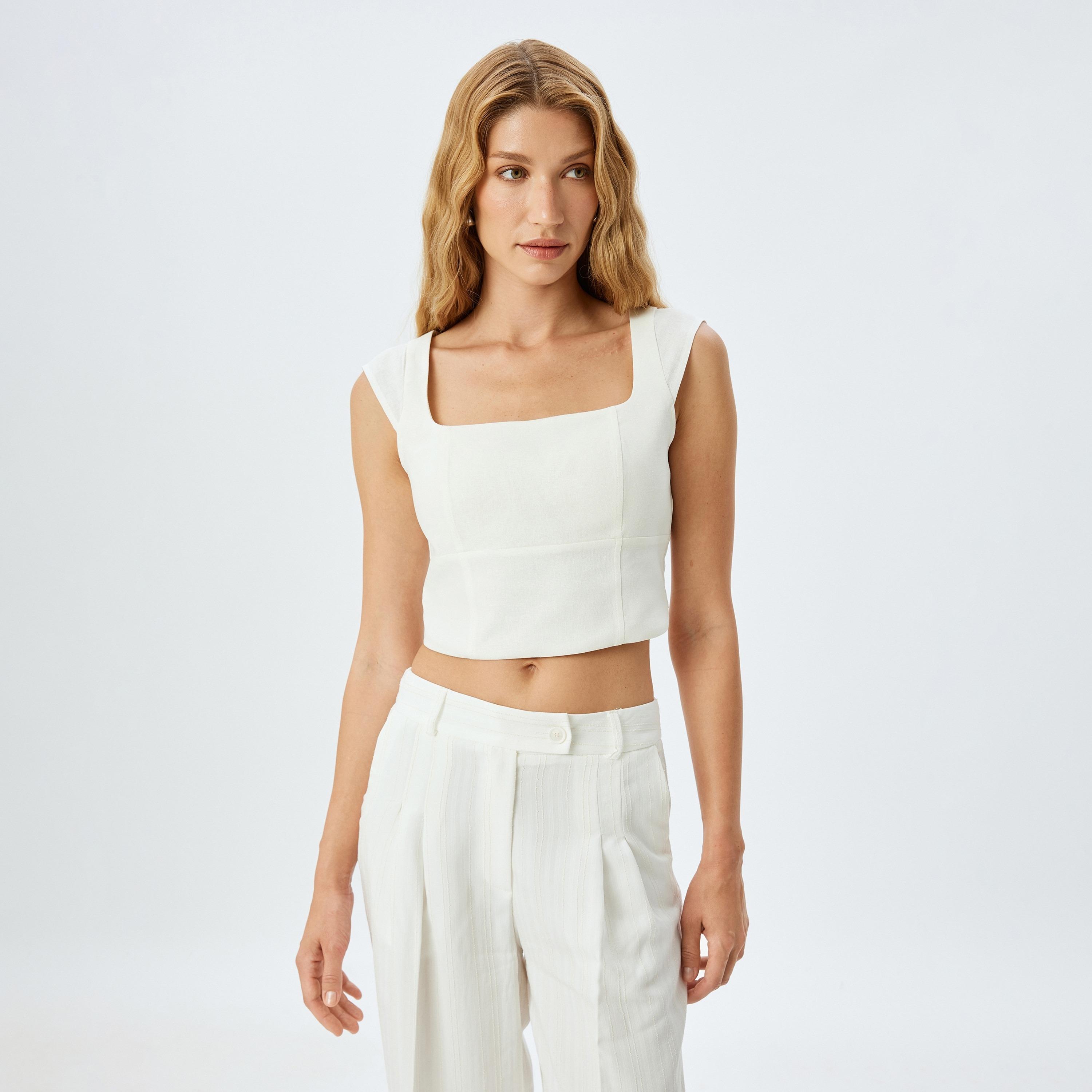 Koton White Plain Square Neck Sleeveless Women's Tie-back Top-women-clothing-shirtsandblouses-blouses-image-1