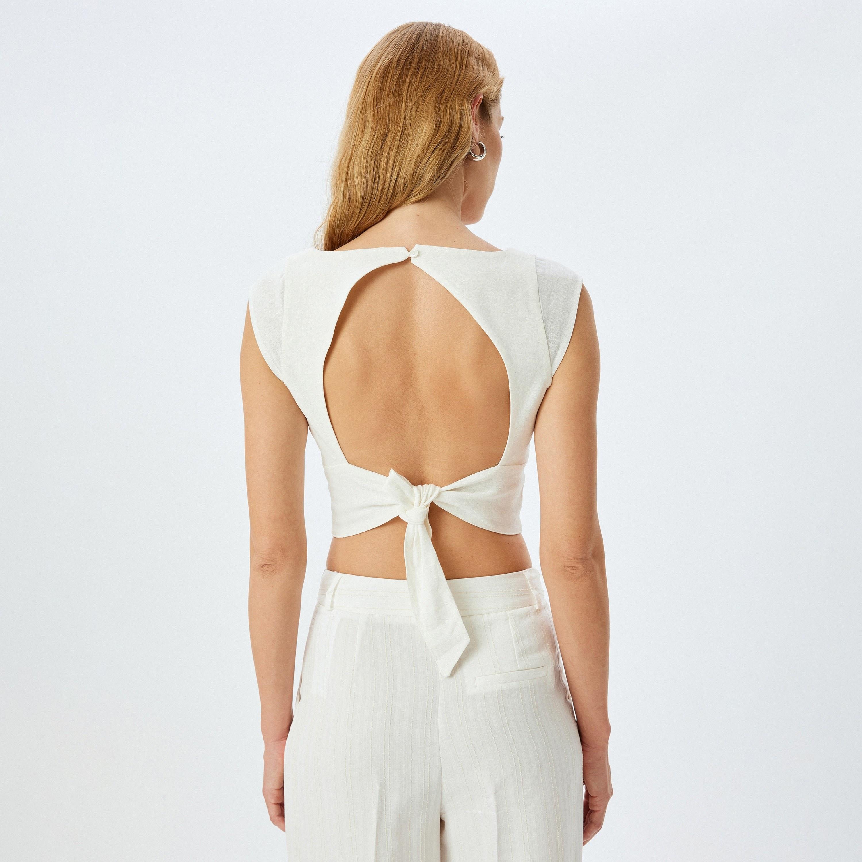 Koton White Plain Square Neck Sleeveless Women's Tie-back Top-women-clothing-shirtsandblouses-blouses-image-3
