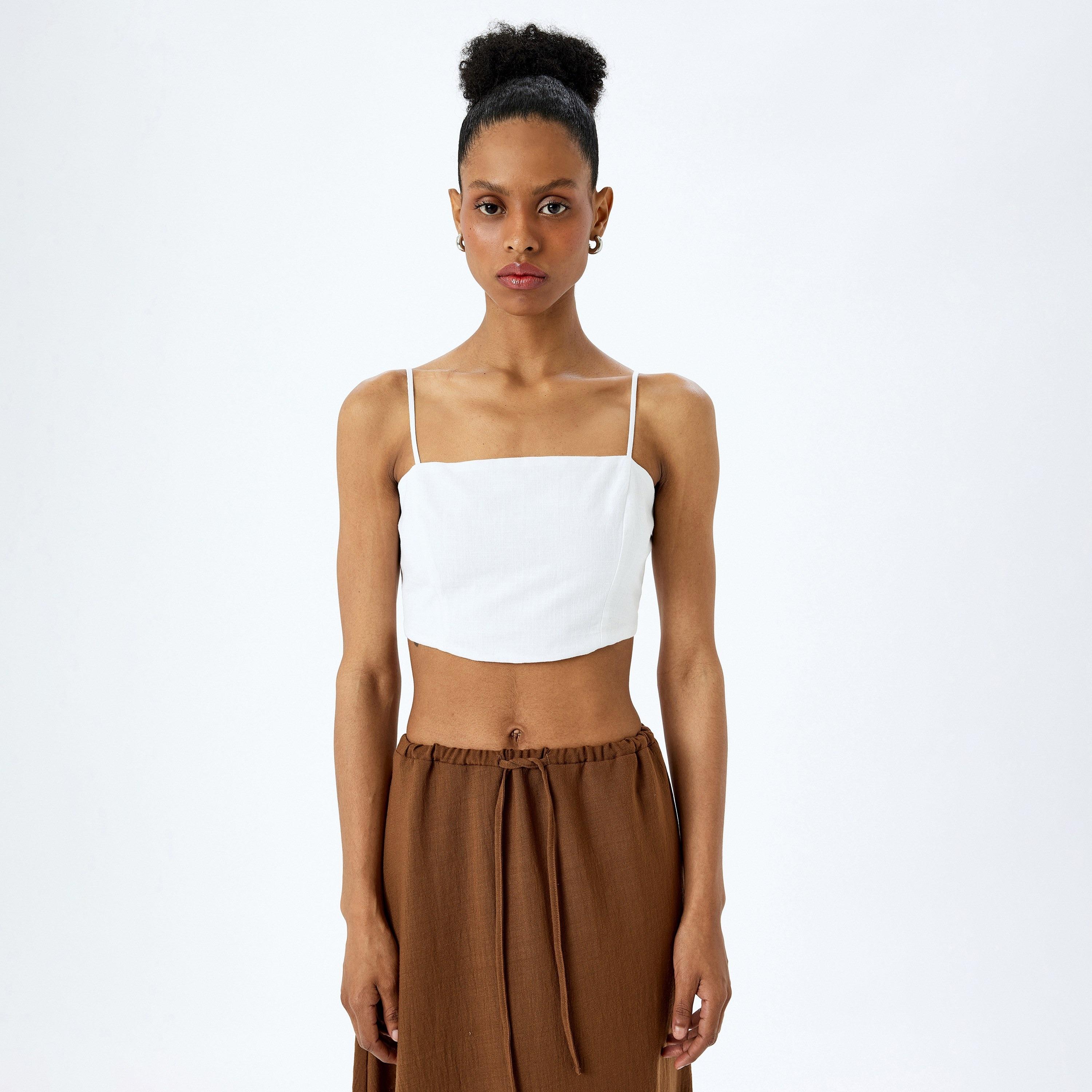 Koton White Smocked Strappy Sleeveless Women's Spaghetti Top-women-clothing-shirtsandblouses-blouses-image-2