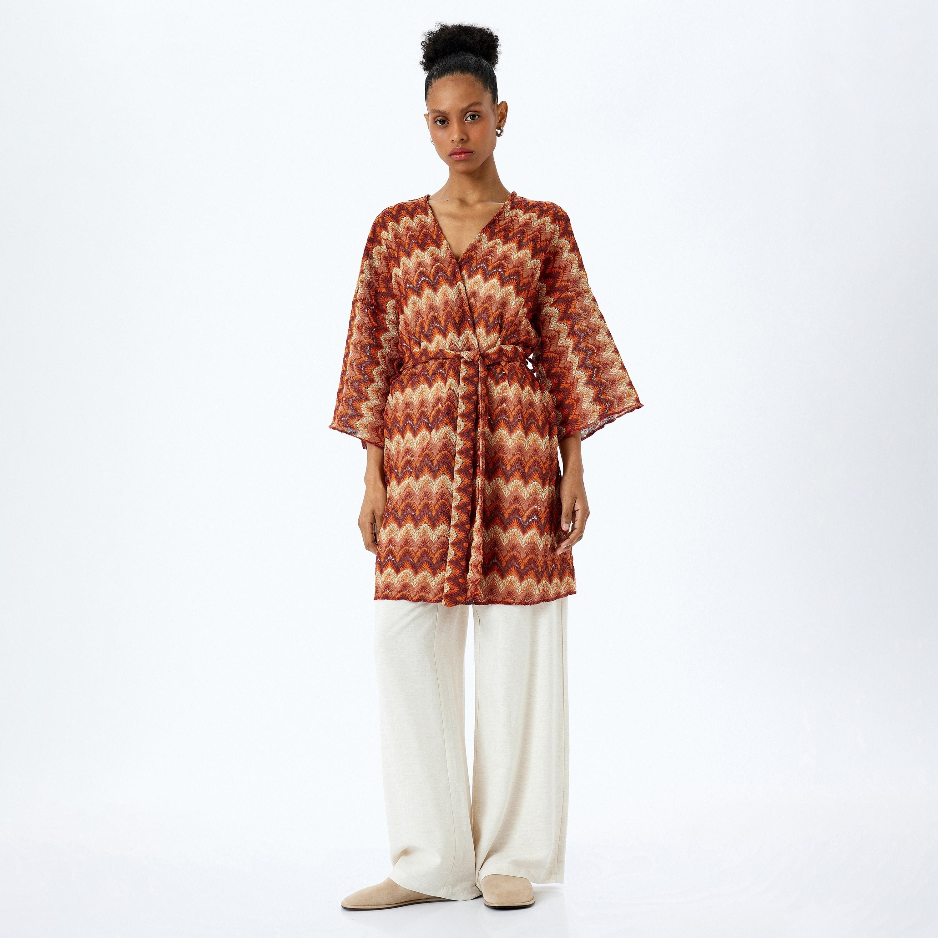 Koton Brown Patterned V-Neck Three-Quarter Sleeves Women's Kimono-women-clothing-shirtsandblouses-blouses-image-1