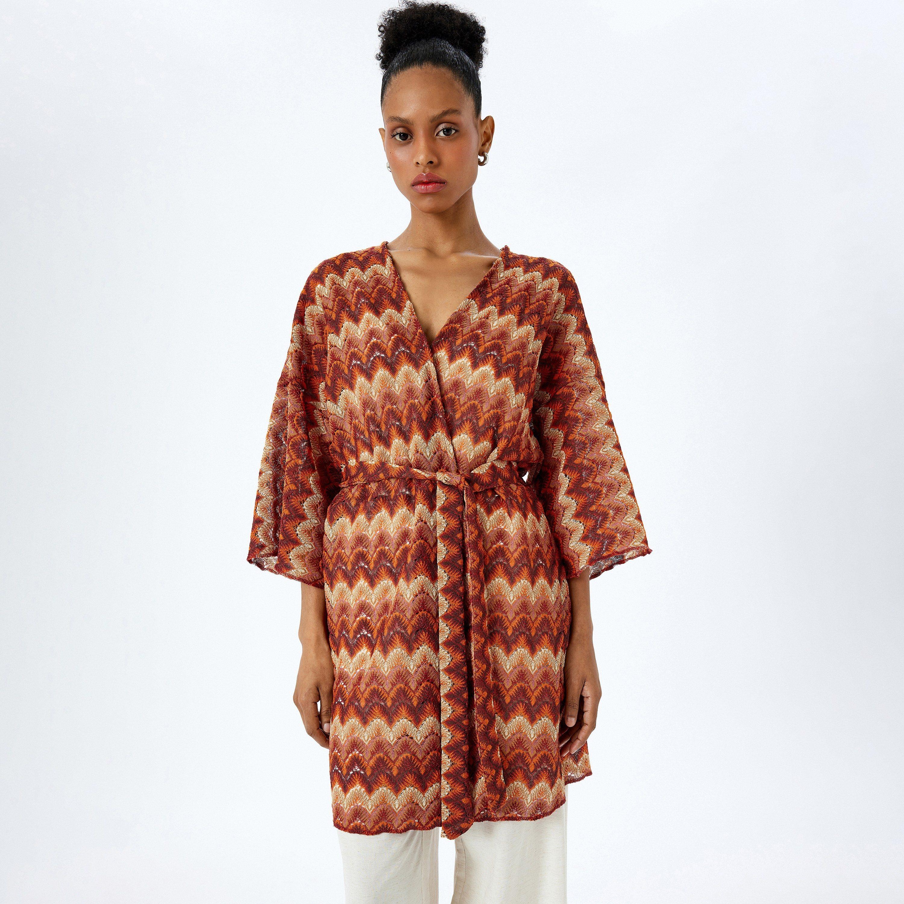 Koton Brown Patterned V-Neck Three-Quarter Sleeves Women's Kimono-women-clothing-shirtsandblouses-blouses-image-2