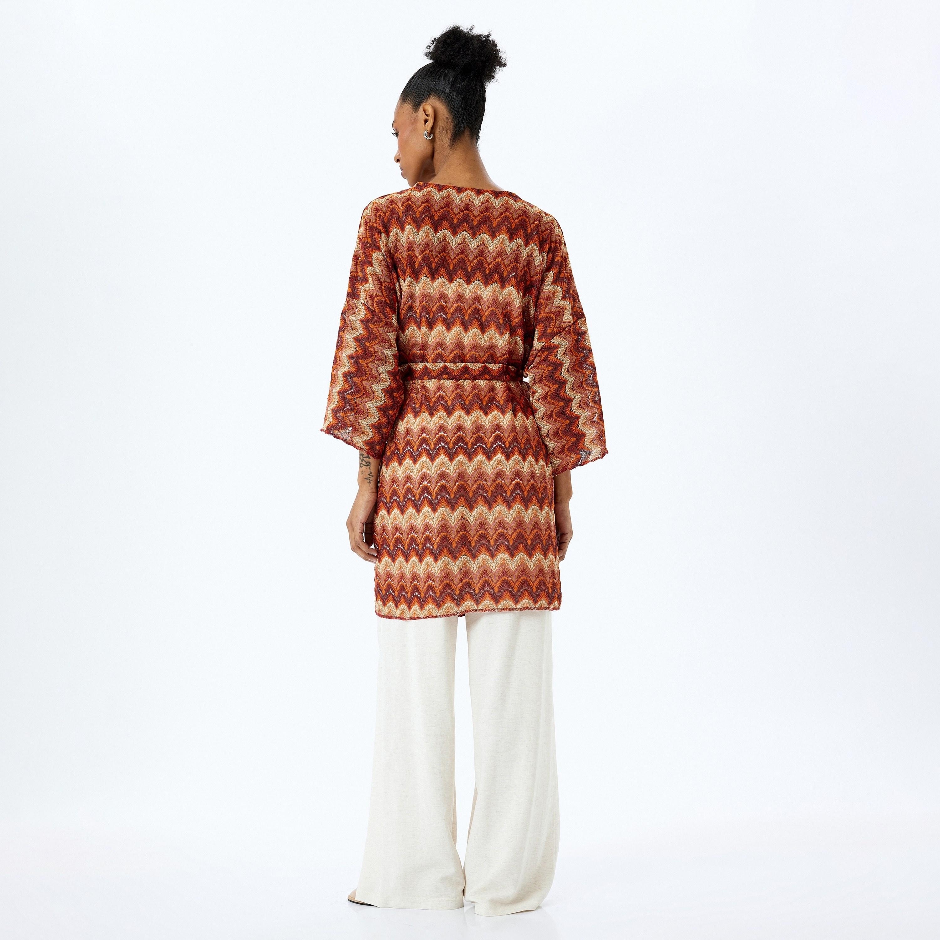 Koton Brown Patterned V-Neck Three-Quarter Sleeves Women's Kimono-women-clothing-shirtsandblouses-blouses-image-3