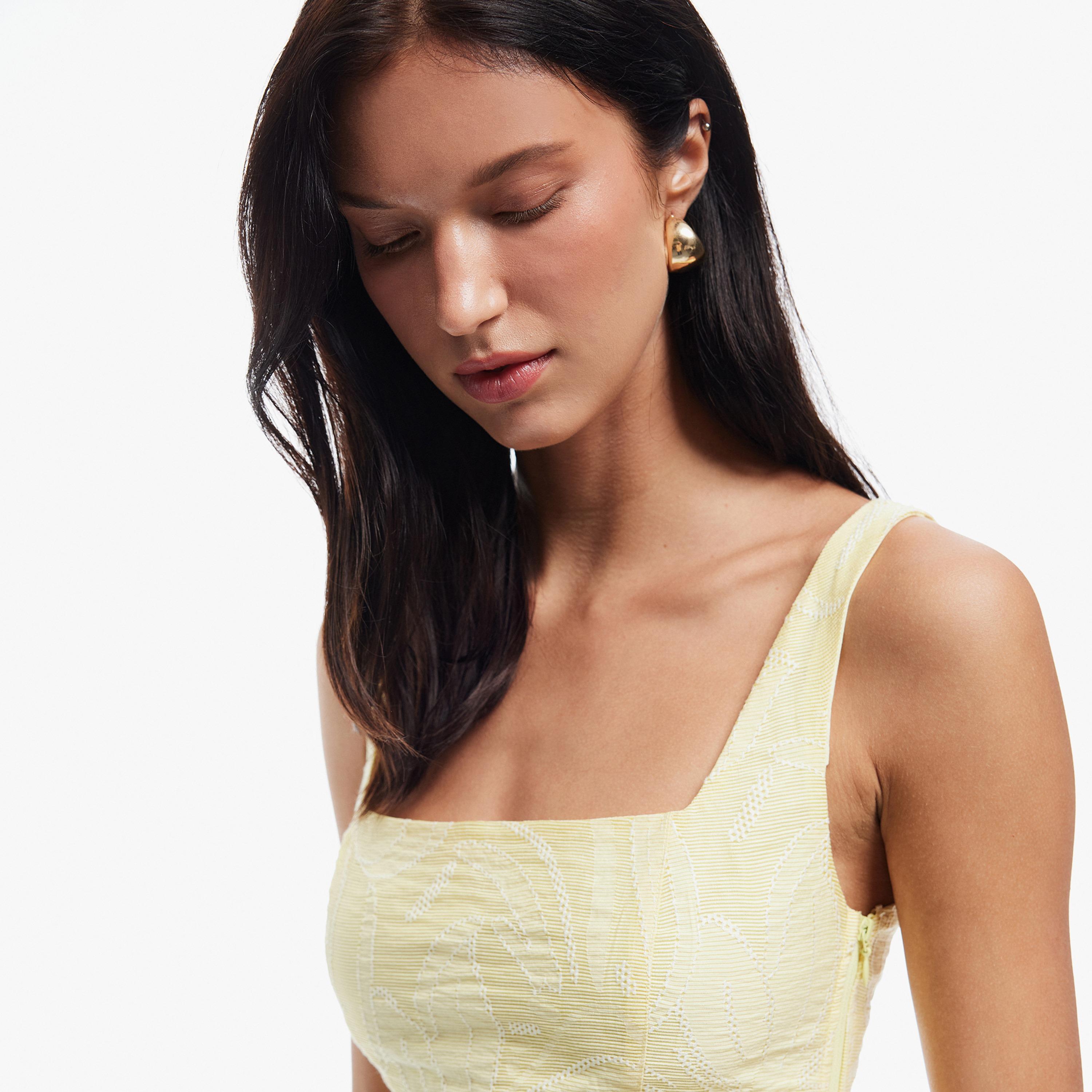 KOTON Yellow Embroidered Square Neck Women's Cropped Top-women-clothing-shirtsandblouses-blouses-image-2
