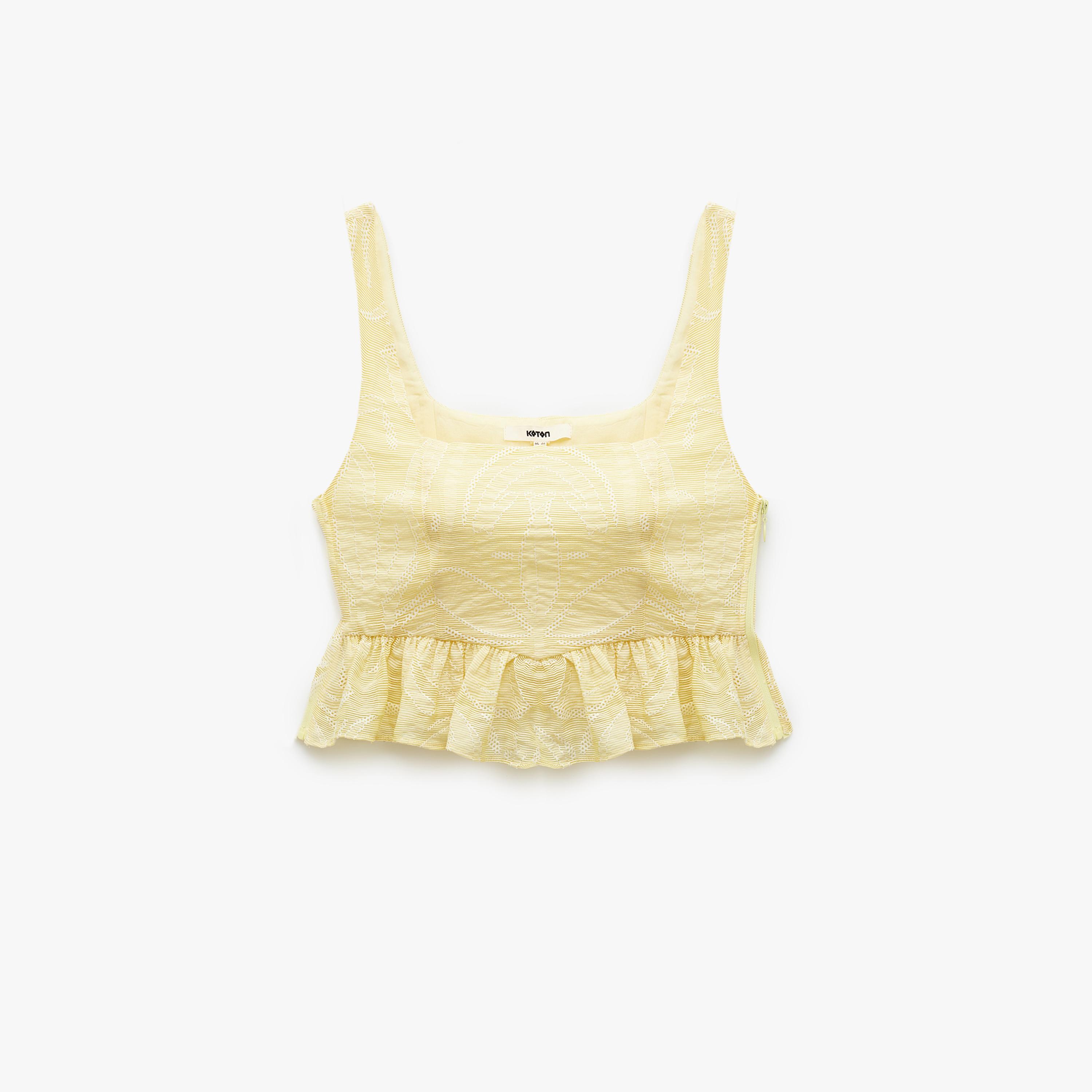 KOTON Yellow Embroidered Square Neck Women's Cropped Top-women-clothing-shirtsandblouses-blouses-image-3