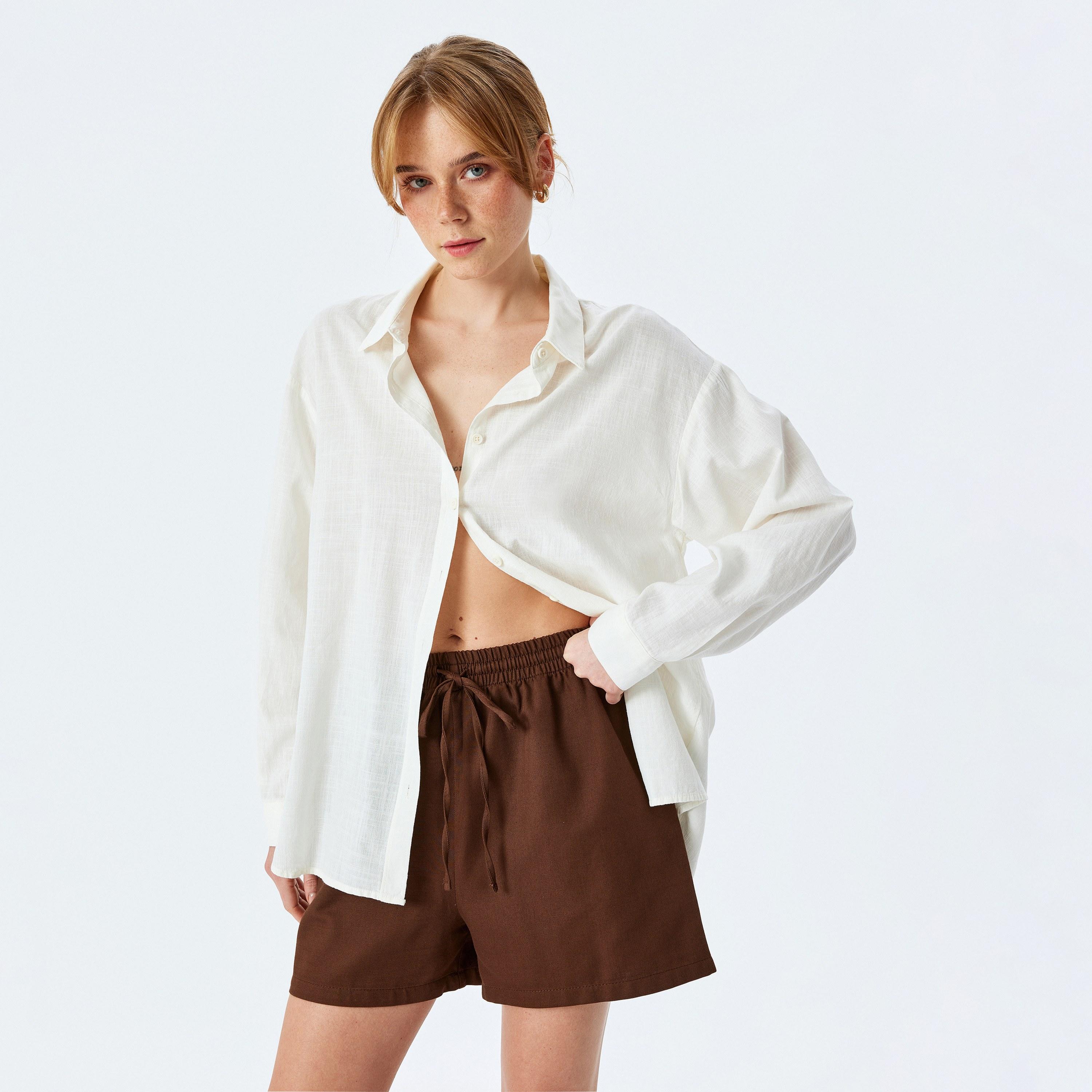 Koton Brown Plain Drawstring Women's Shorts-women-clothing-bottoms-shorts-image-1