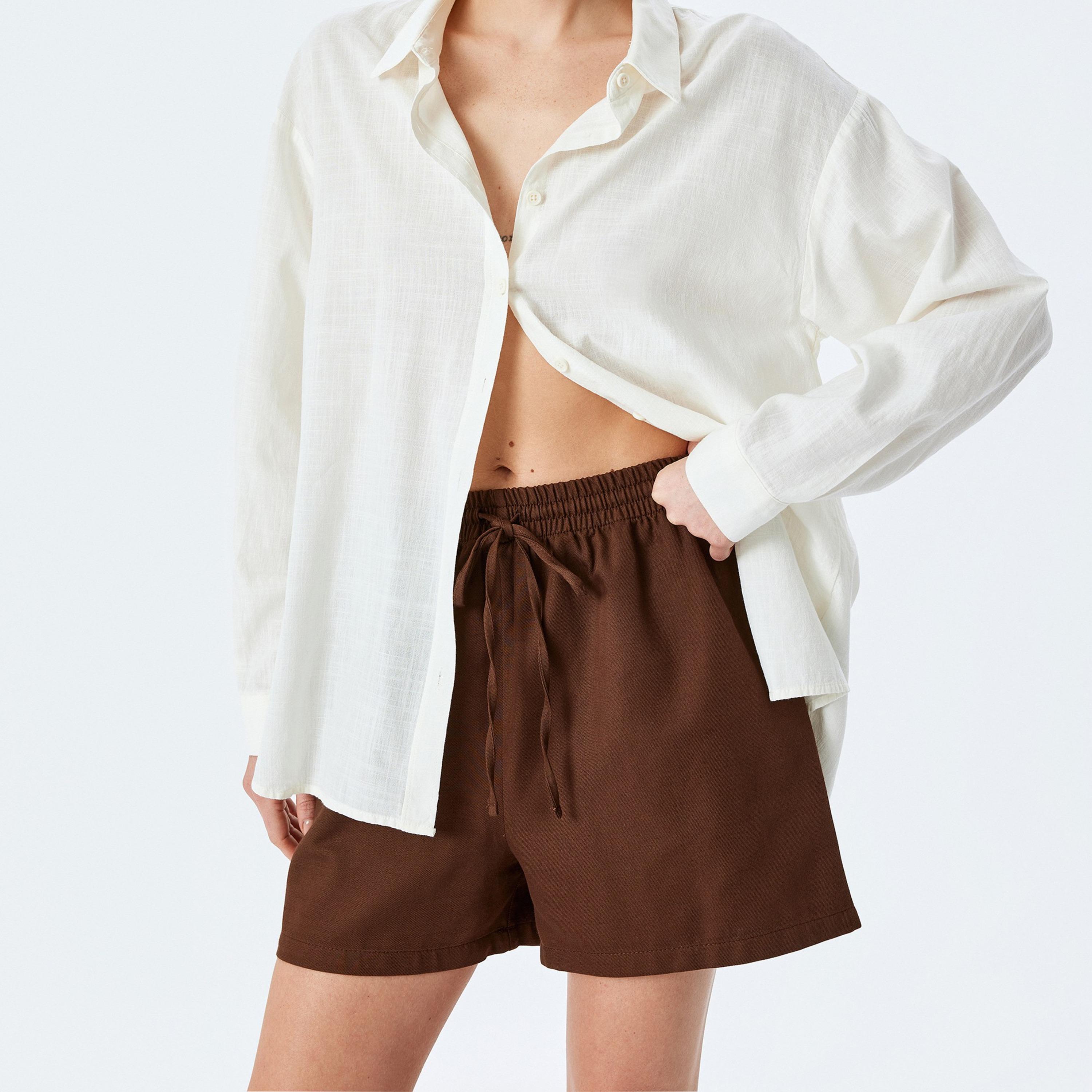 Koton Brown Plain Drawstring Women's Shorts-women-clothing-bottoms-shorts-image-2