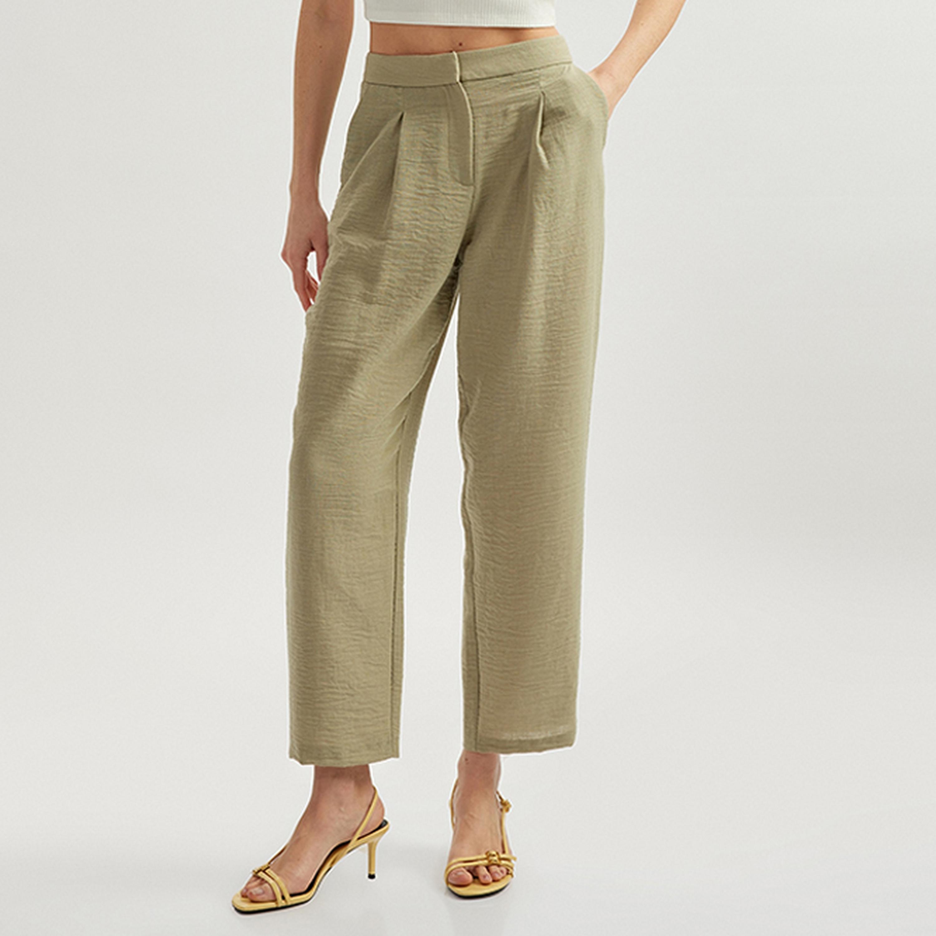 KOTON Olive Green Textured Hook & Zip Fly Women's Trousers-women-clothing-bottoms-trousers-image-1