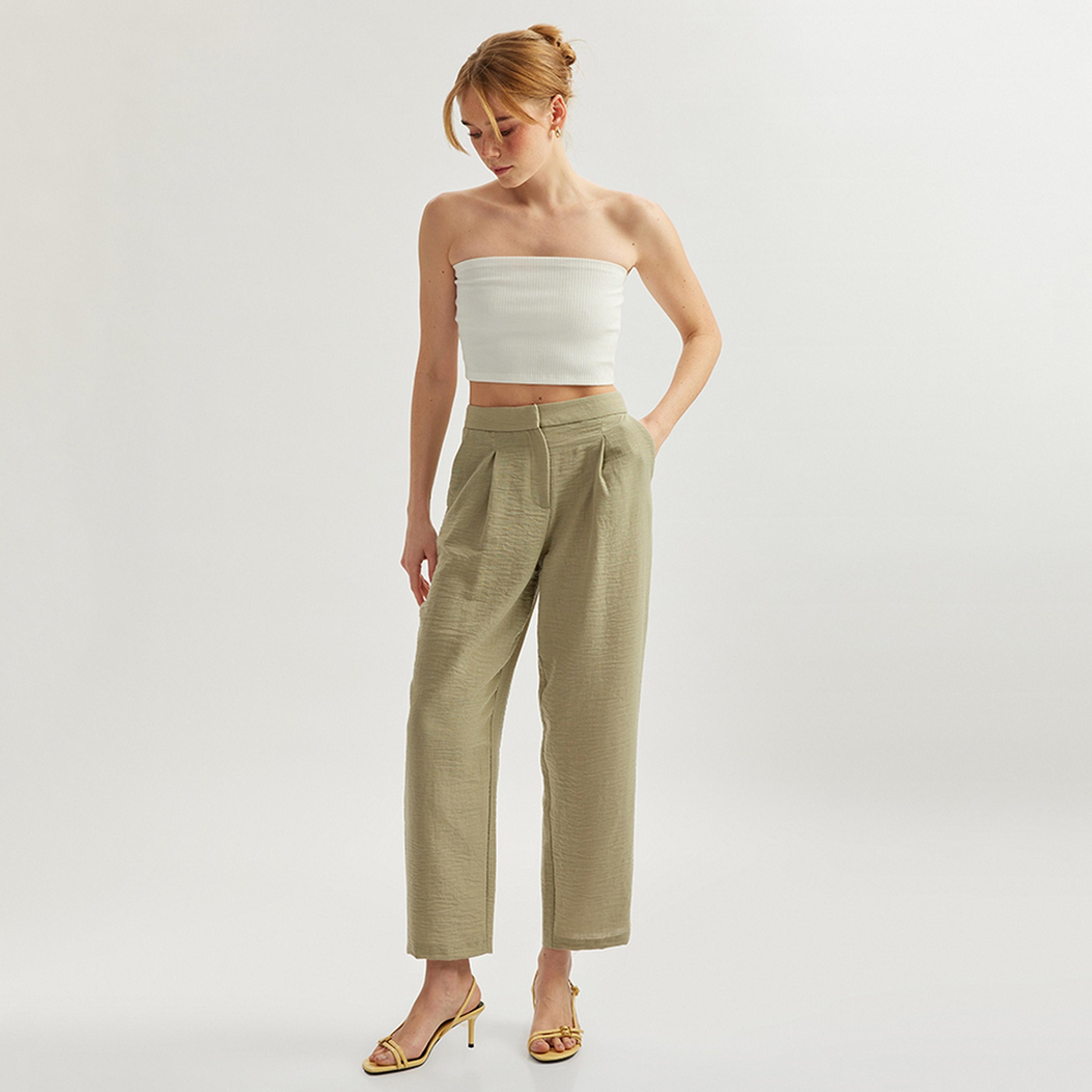 KOTON Olive Green Textured Hook & Zip Fly Women's Trousers-women-clothing-bottoms-trousers-image-2