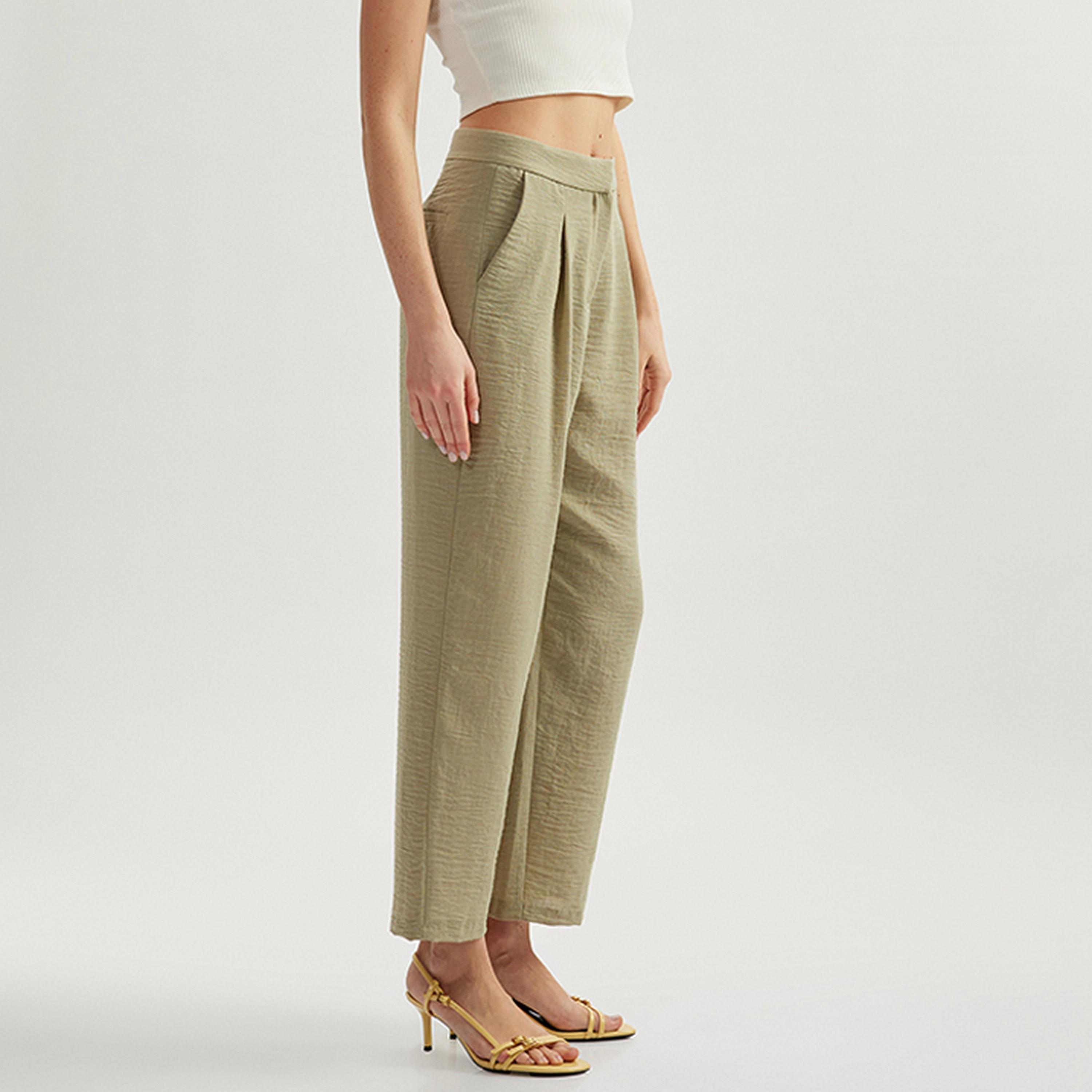 KOTON Olive Green Textured Hook & Zip Fly Women's Trousers-women-clothing-bottoms-trousers-image-3