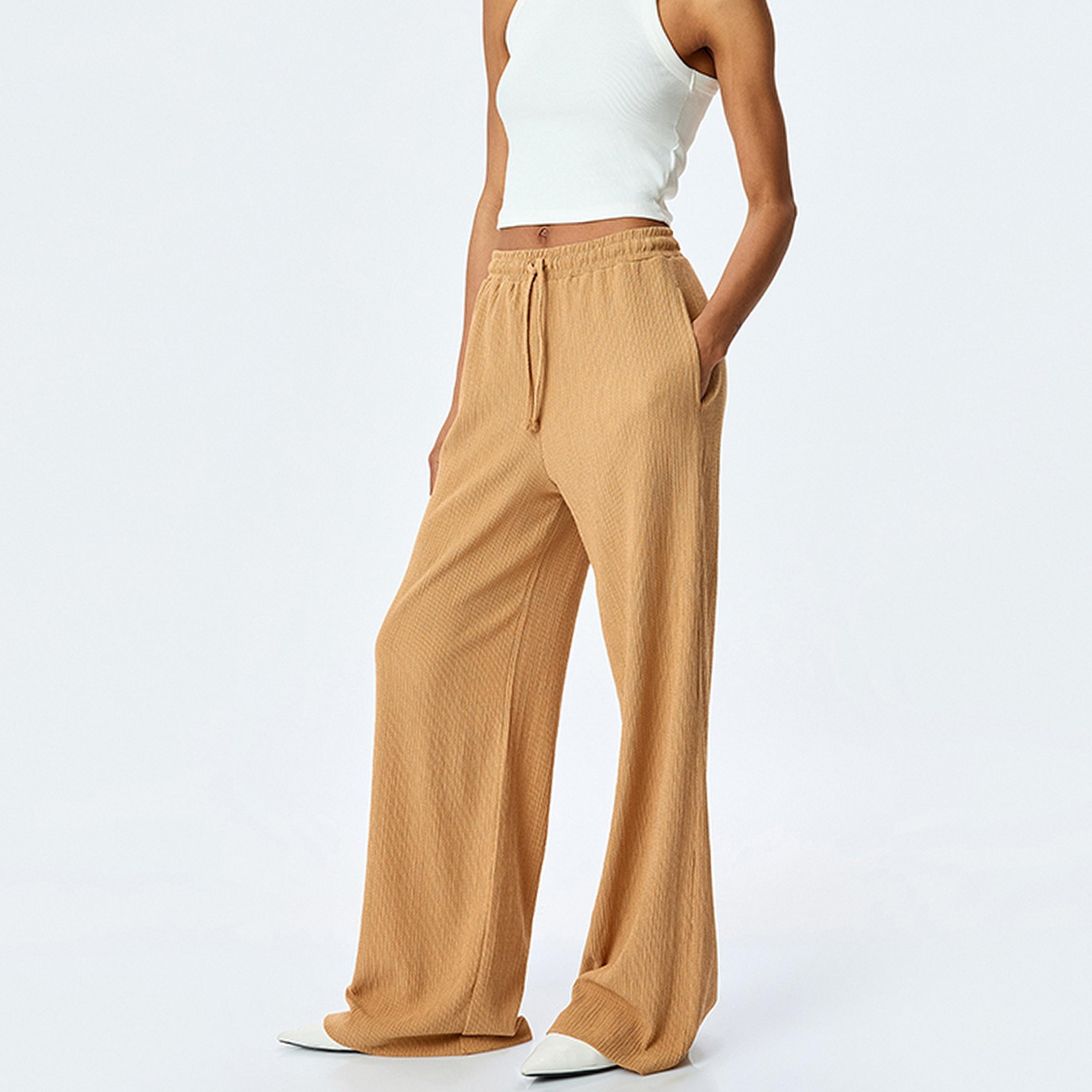 KOTON Brown Textured Drawstring Women's Trousers-women-clothing-bottoms-trousers-image-1