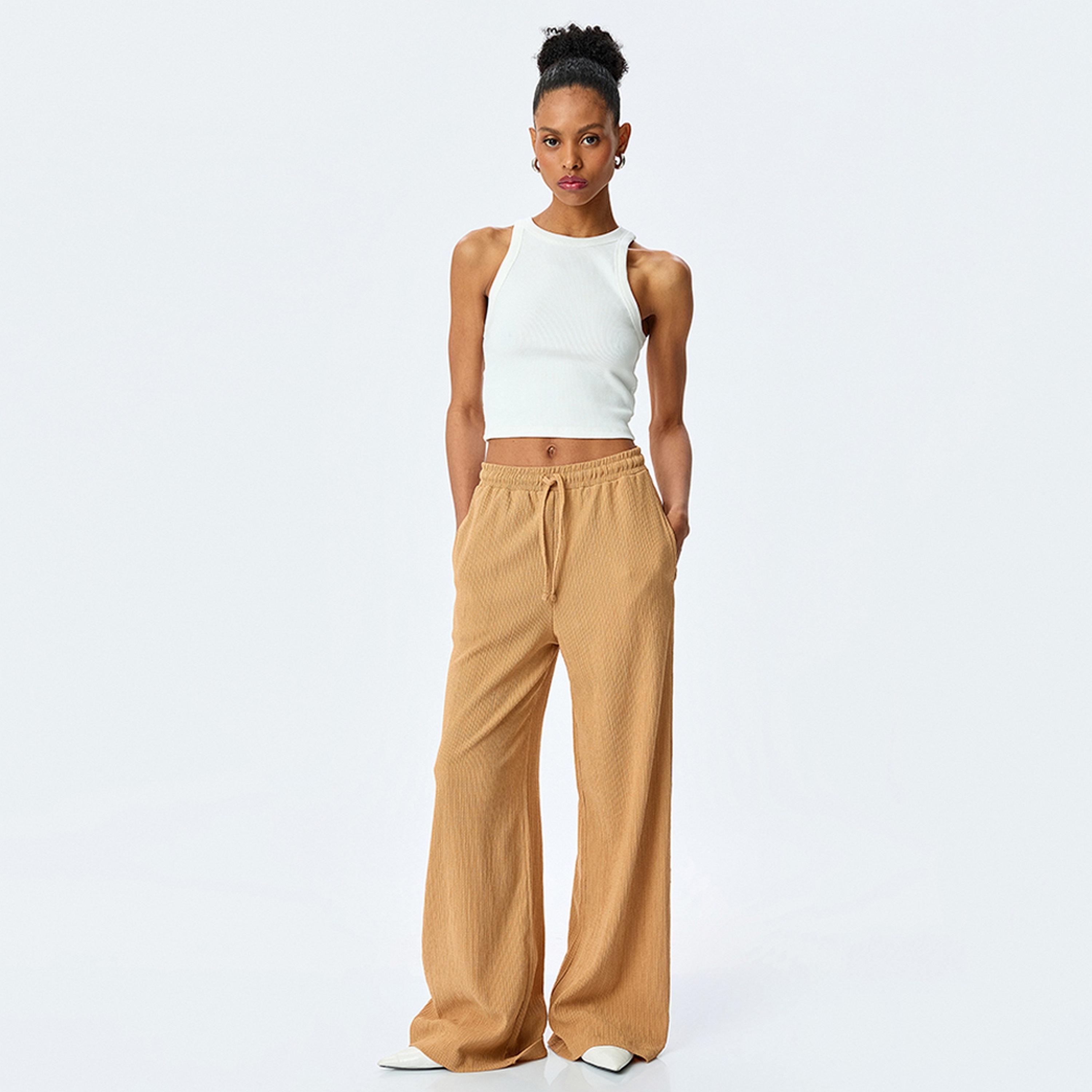 KOTON Brown Textured Drawstring Women's Trousers-women-clothing-bottoms-trousers-image-2