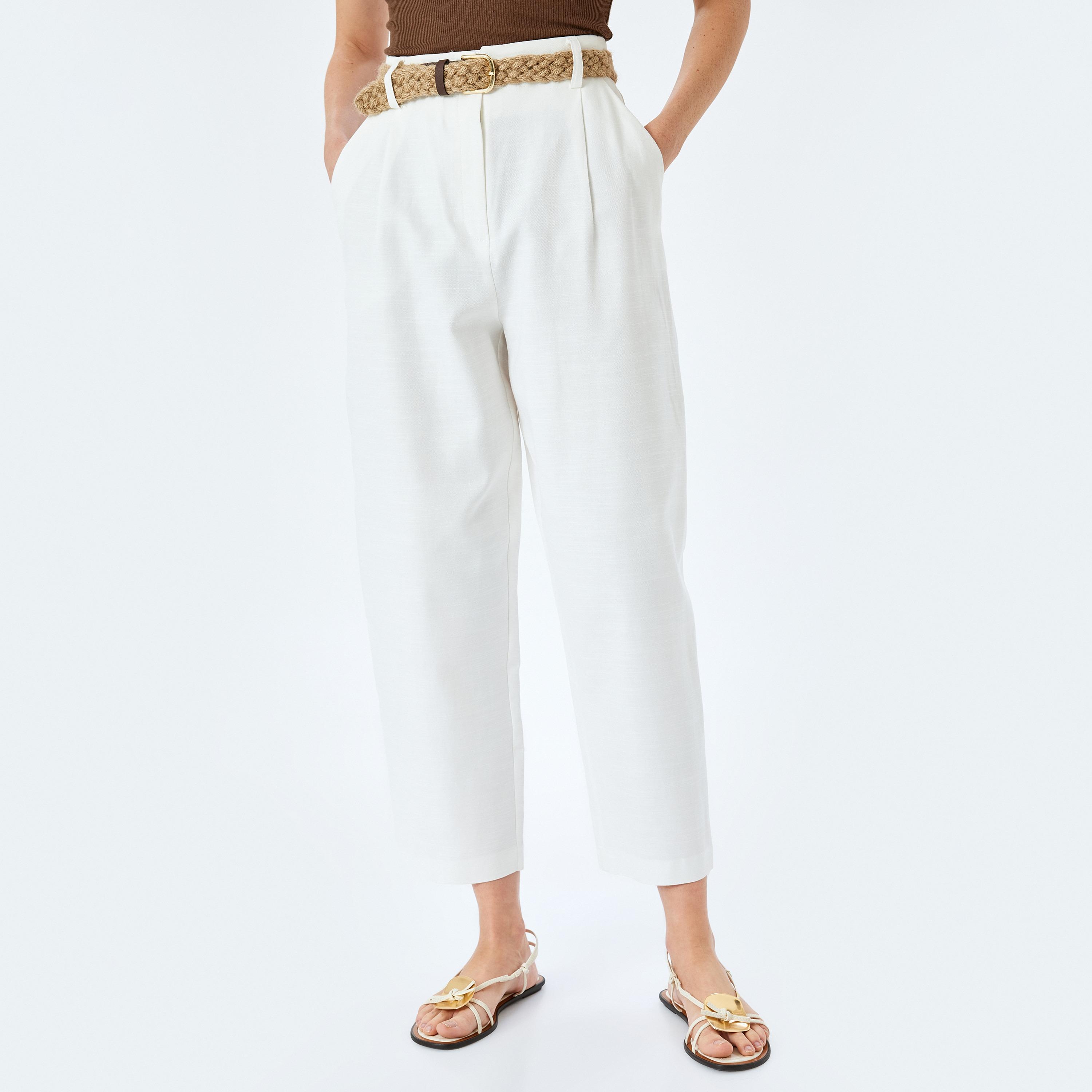 Koton White Plain Hook Closure Women's Trousers-women-clothing-bottoms-trousers-image-1