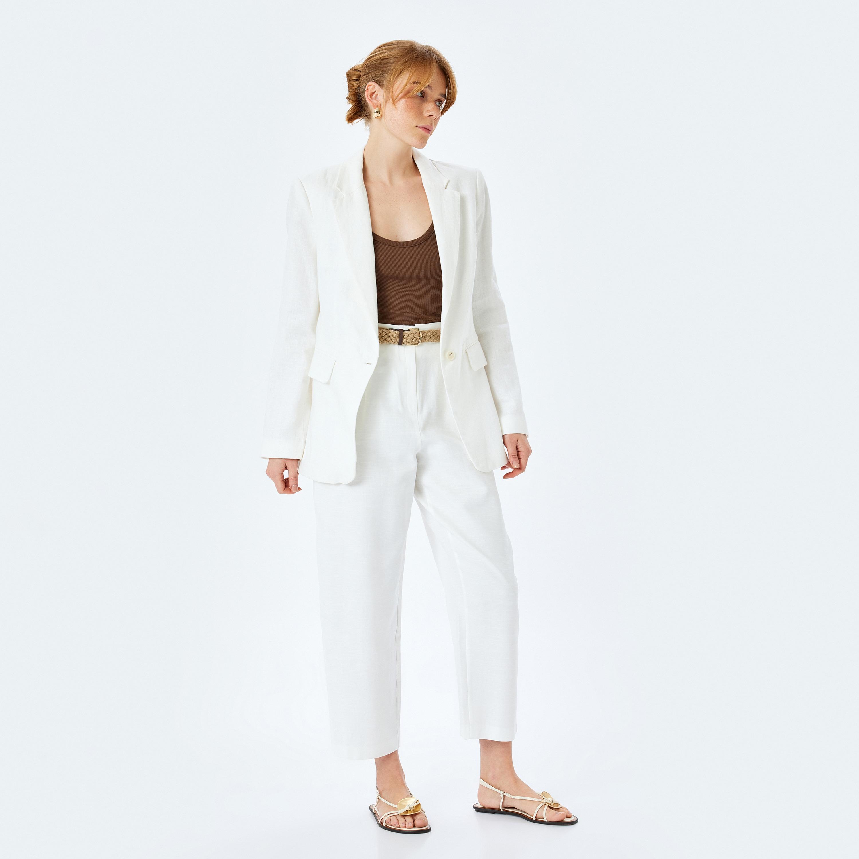 Koton White Plain Hook Closure Women's Trousers-women-clothing-bottoms-trousers-image-2