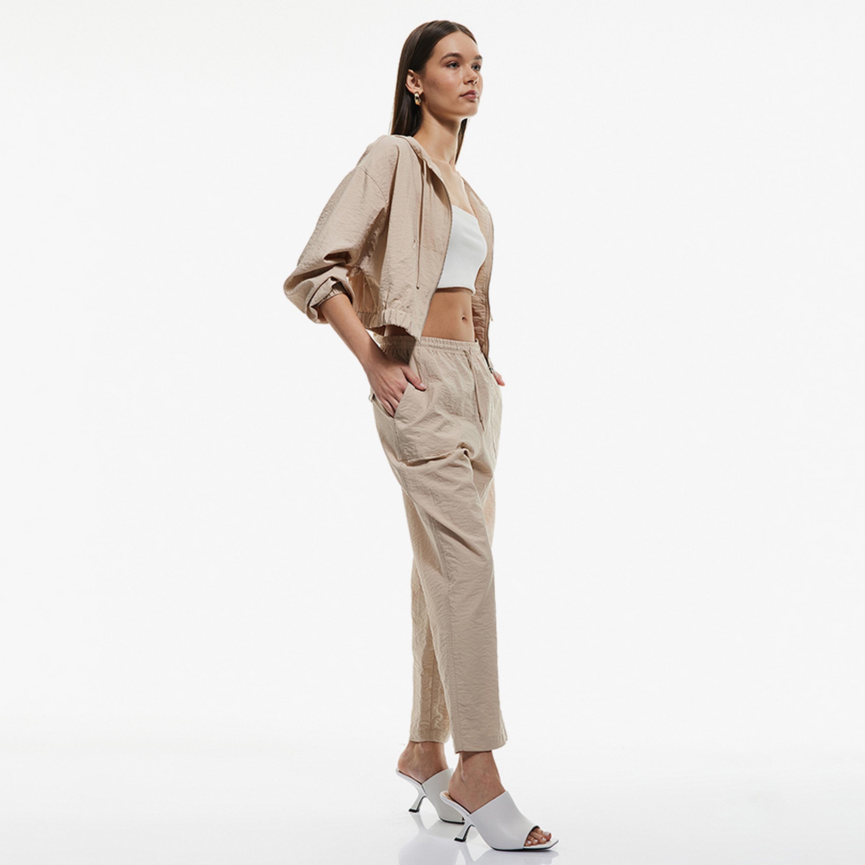 KOTON Beige Textured Polyamide Drawstring Women's Trousers-women-clothing-bottoms-trousers-image-2