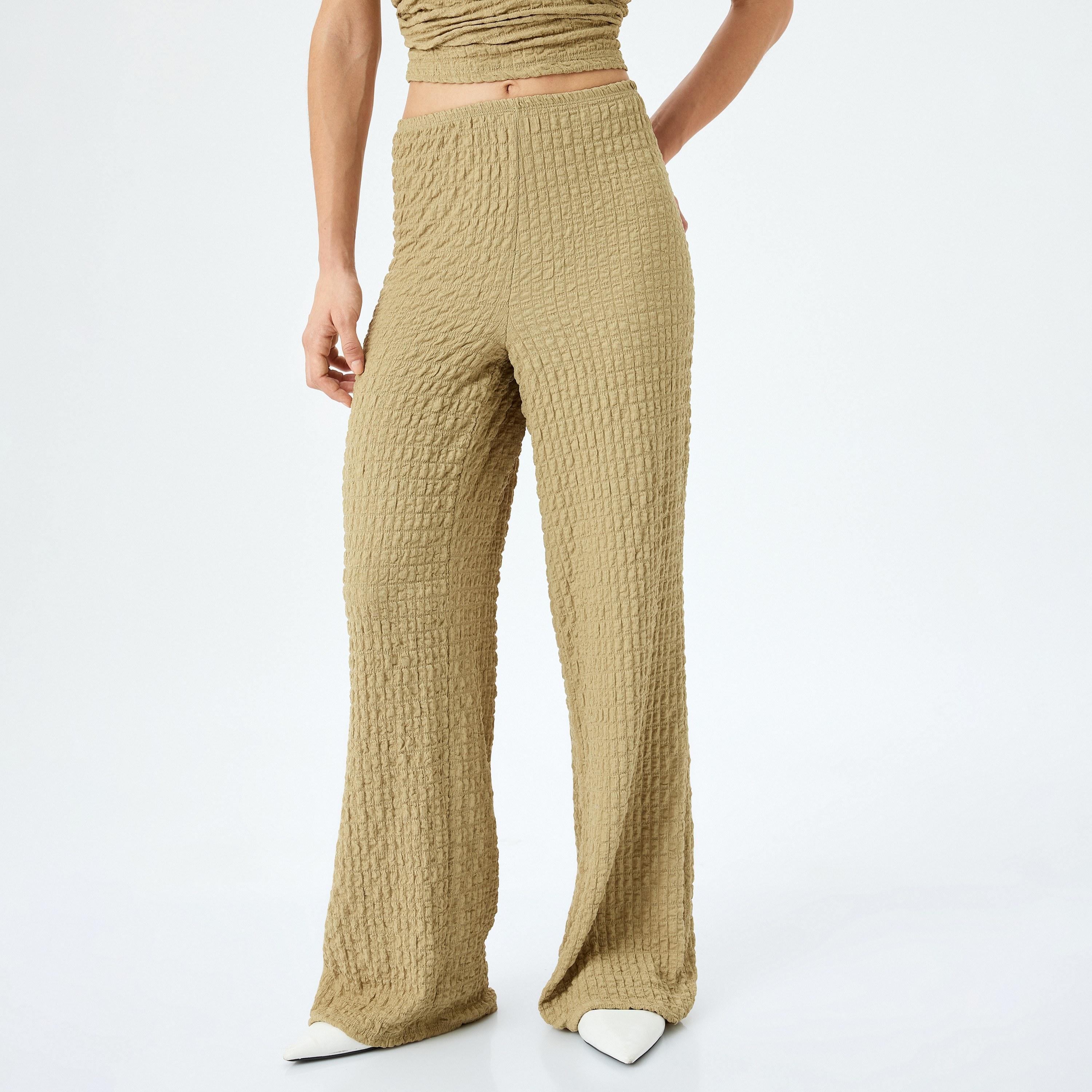 Koton Green Crinkled Elasticated Waist Women's Trousers-women-clothing-bottoms-trousers-image-1