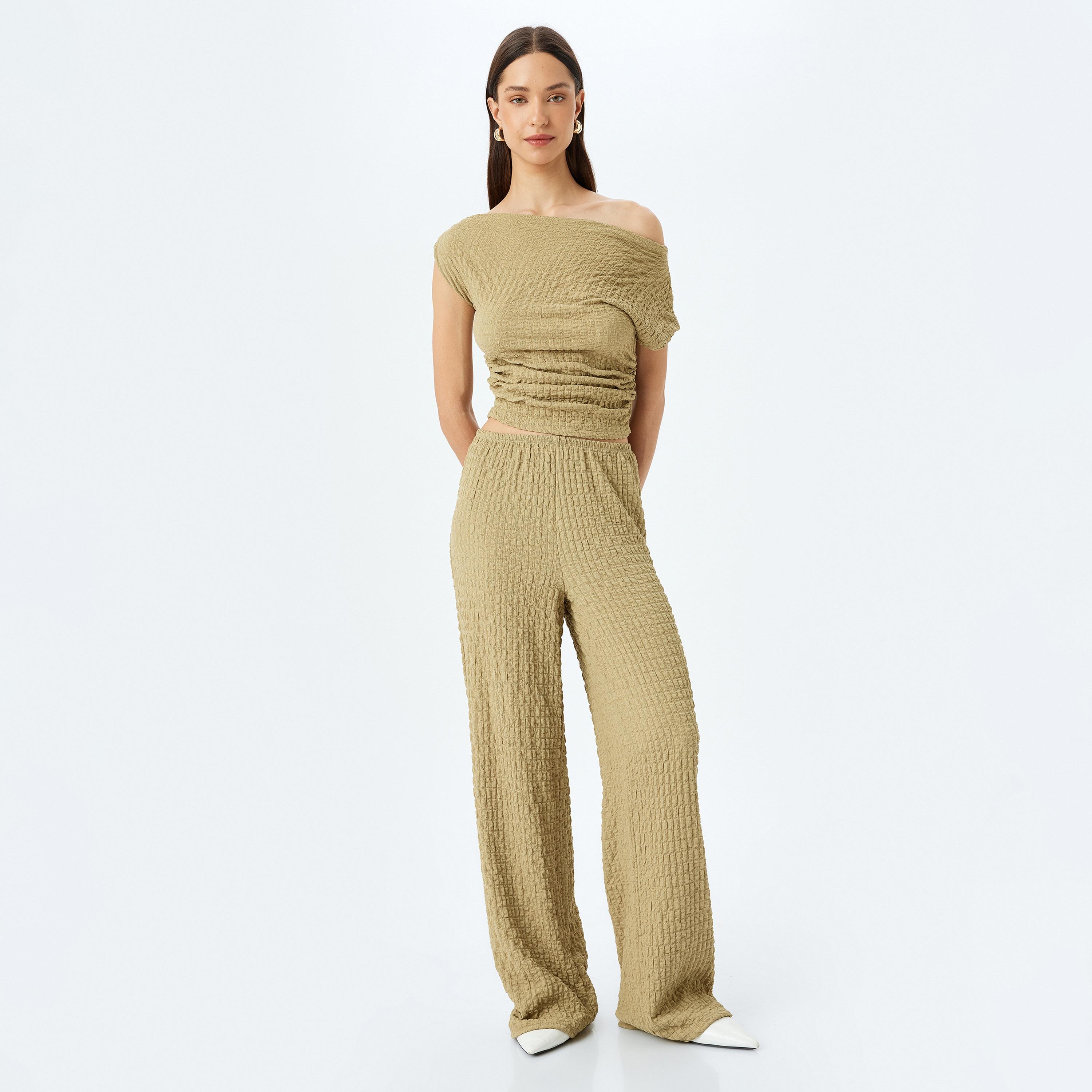 Koton Green Crinkled Elasticated Waist Women's Trousers-women-clothing-bottoms-trousers-image-2