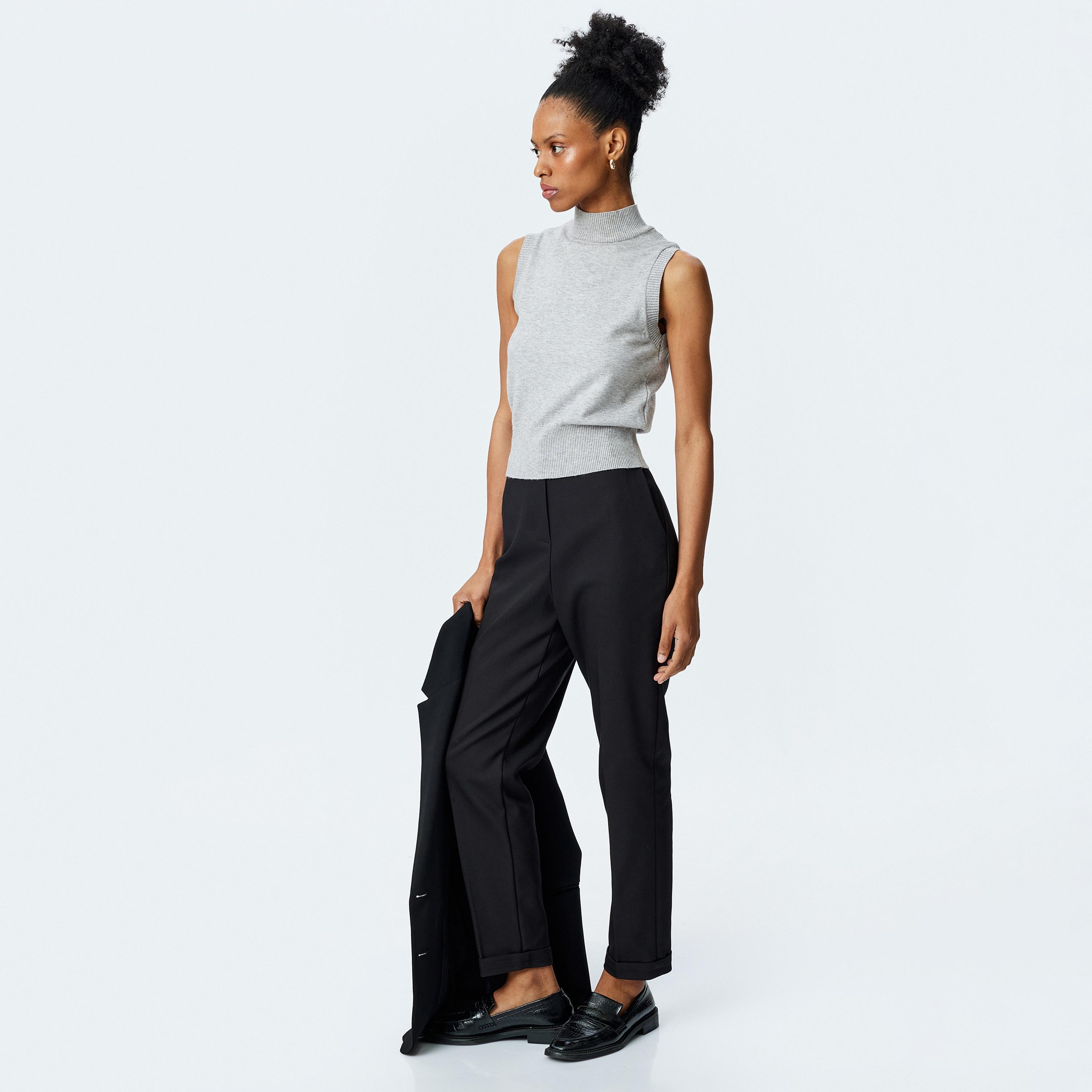 Koton Black Plain Hook Closure Women's Trousers-women-clothing-bottoms-trousers-image-2