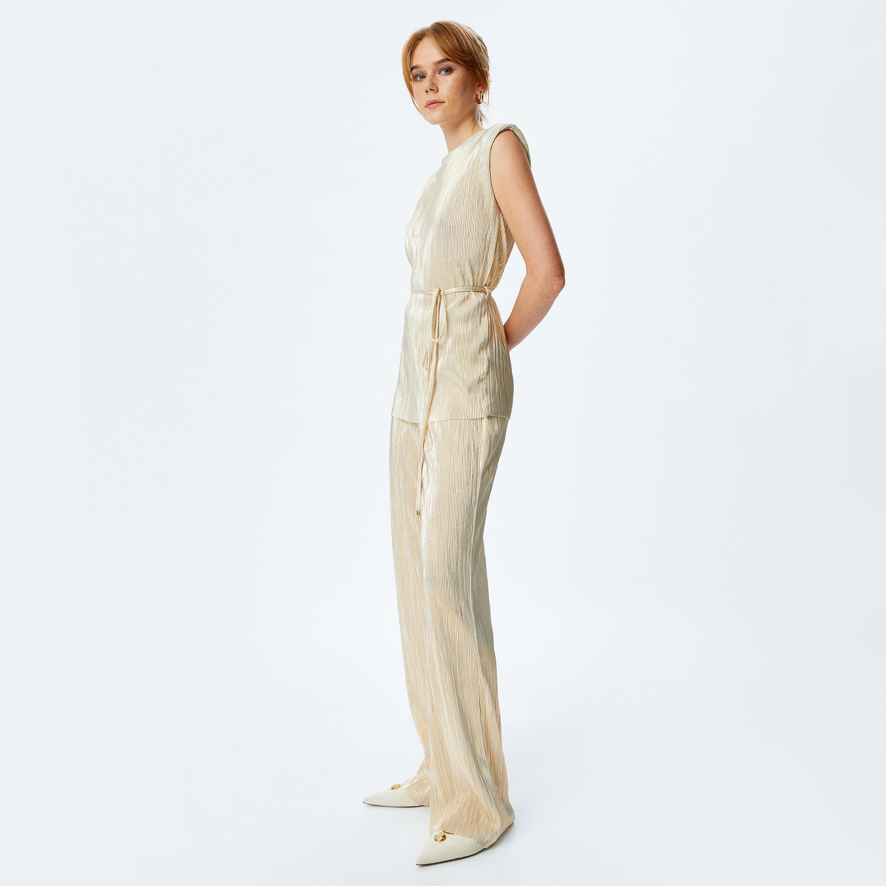 Koton Gold Textured Elasticated Waist Women's Trousers-women-clothing-bottoms-trousers-image-2