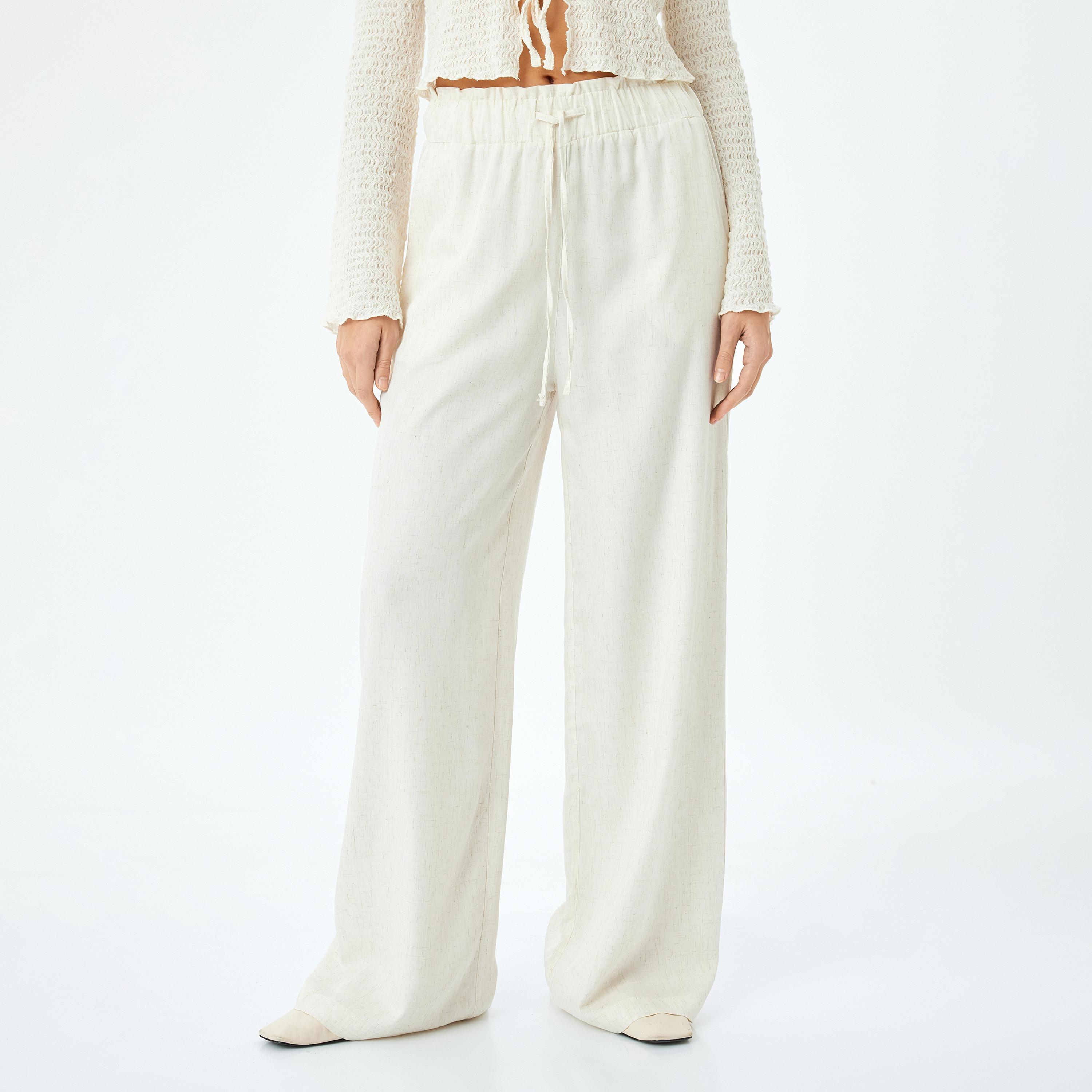 Koton White Plain Drawstring Women's Trousers-women-clothing-bottoms-trousers-image-1