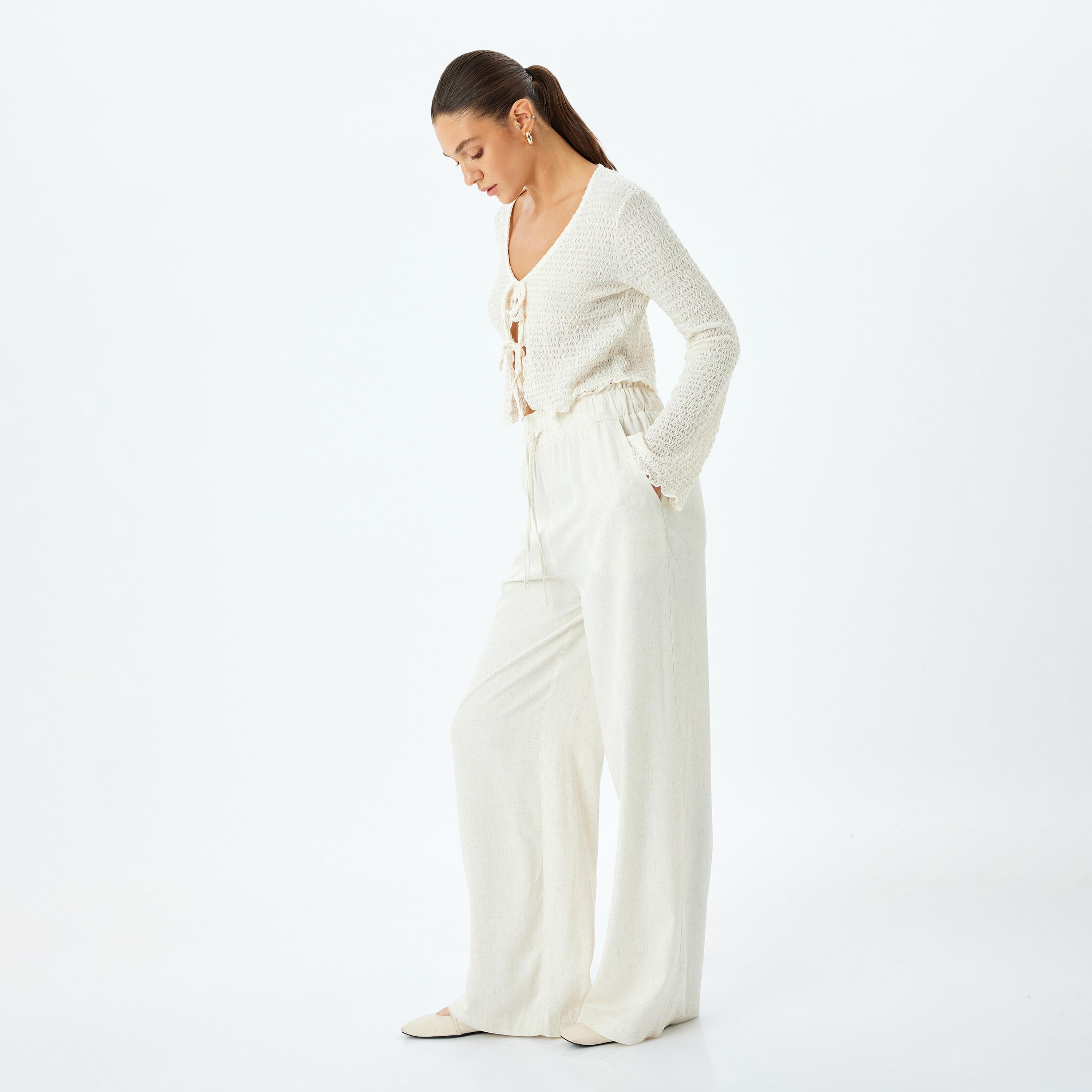 Koton White Plain Drawstring Women's Trousers-women-clothing-bottoms-trousers-image-2