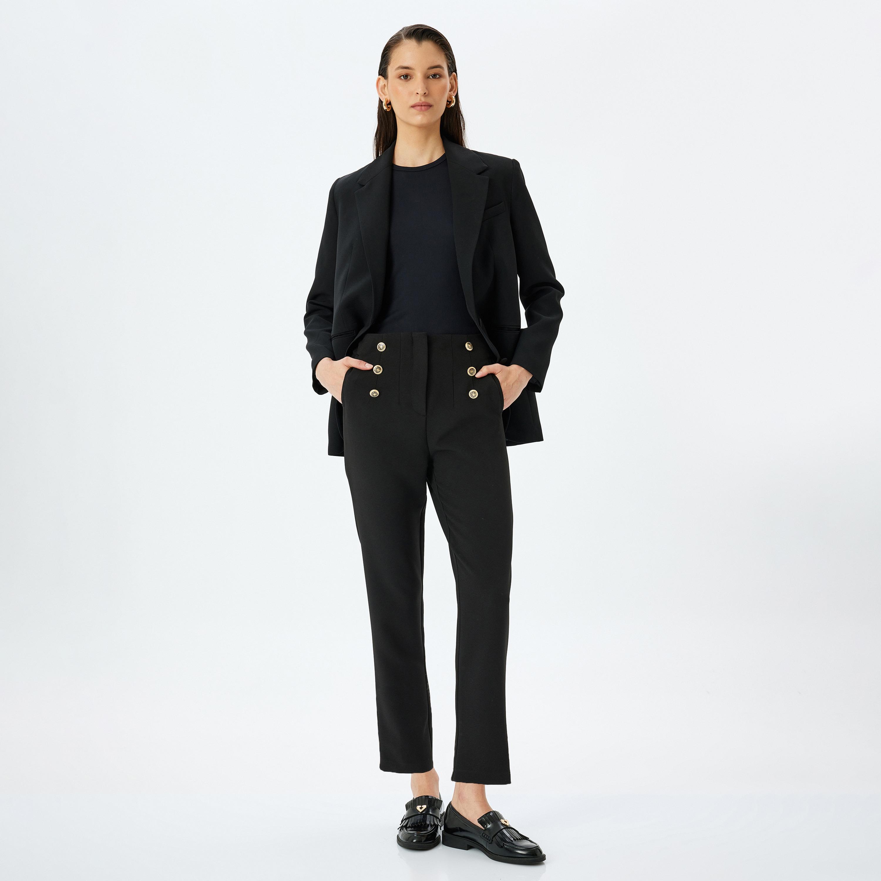 Koton Black Plain Hook Closure Women's Trousers-women-clothing-bottoms-trousers-image-2