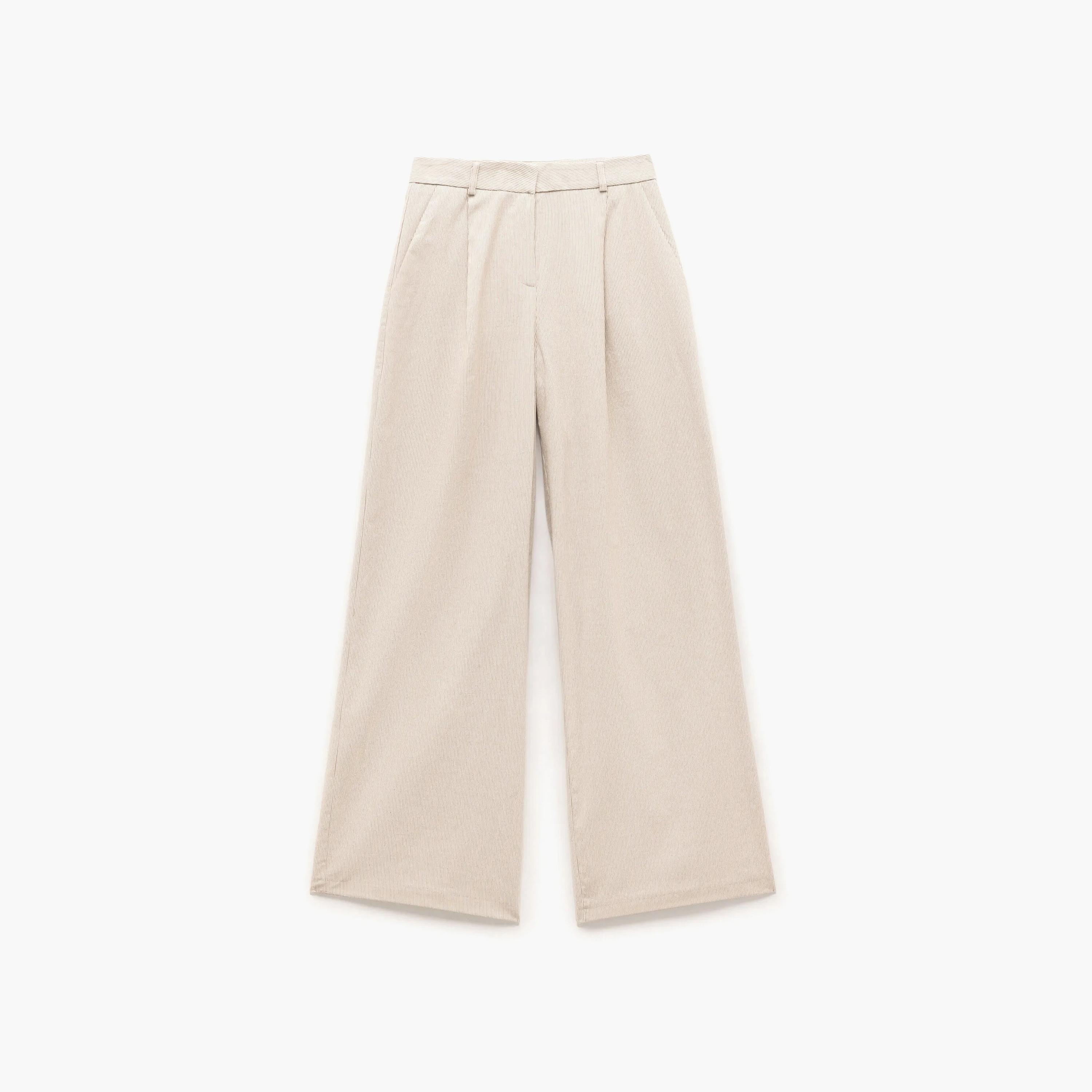 بنطلون نسائي واسع بخصر عالٍ مع زر وسحاب للإغلاق باللون البيج من كوتون.-women-clothing-bottoms-trousers-image-1