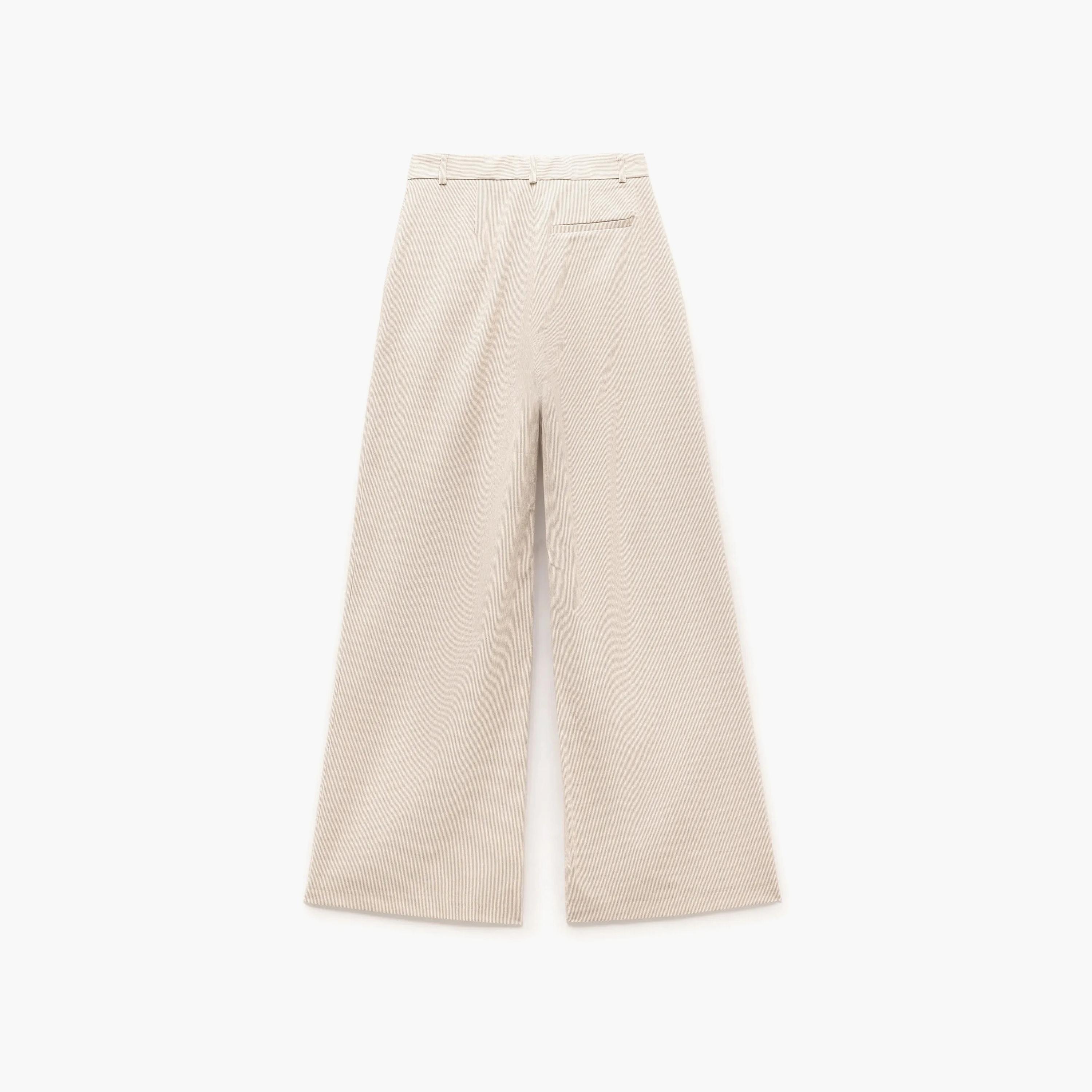 بنطلون نسائي واسع بخصر عالٍ مع زر وسحاب للإغلاق باللون البيج من كوتون.-women-clothing-bottoms-trousers-image-3