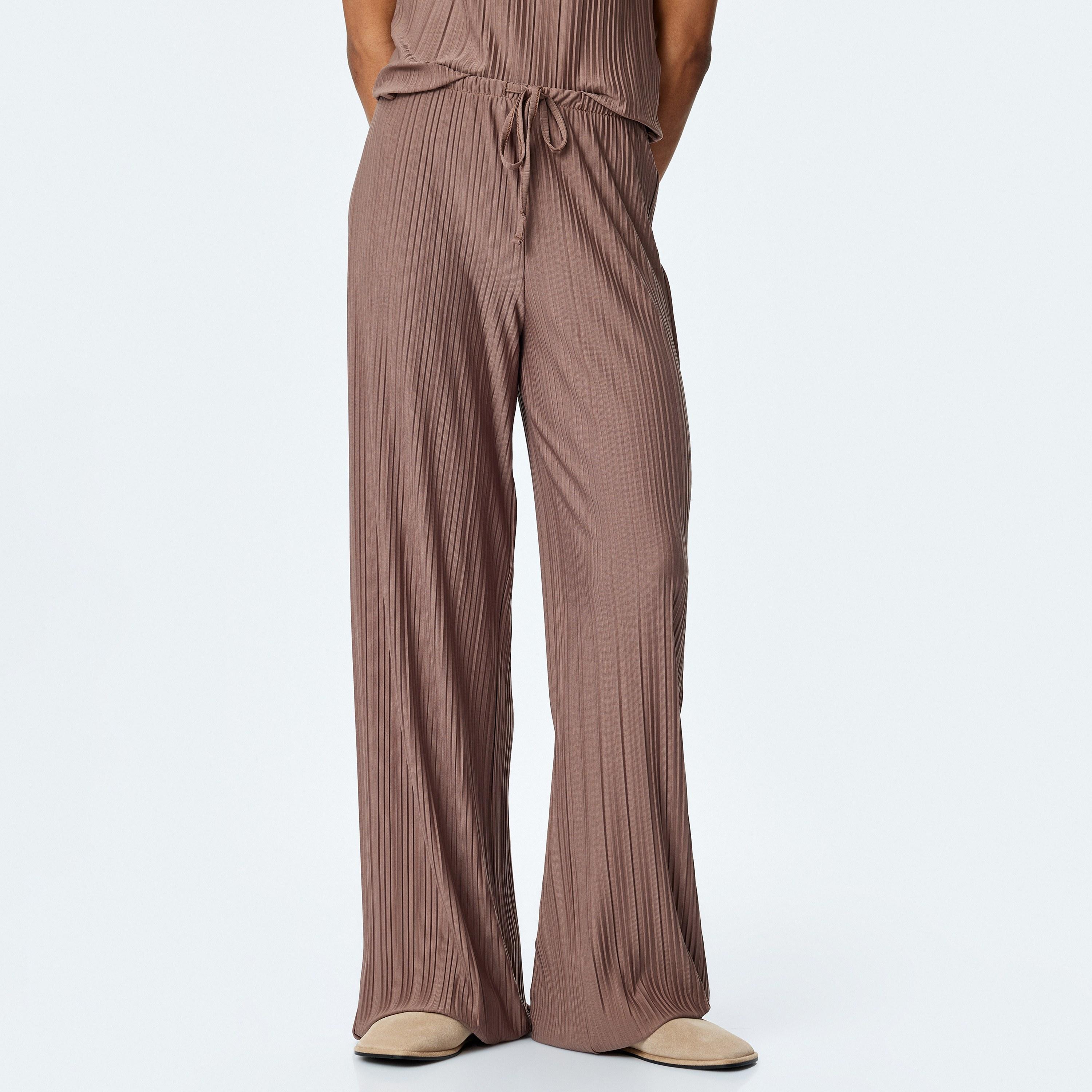 Koton Brown Textured Drawstring Women's Trousers-women-clothing-bottoms-trousers-image-1