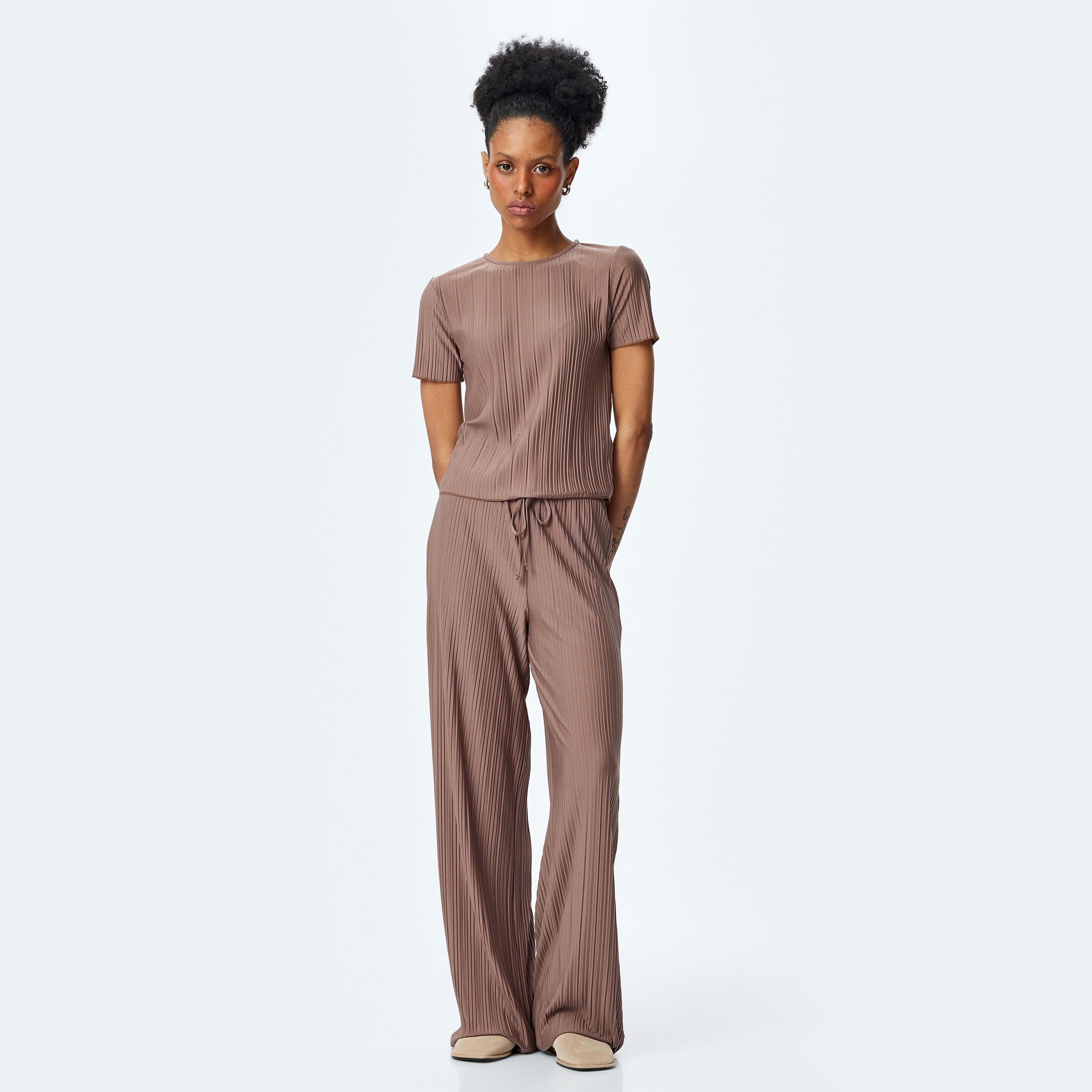 Koton Brown Textured Drawstring Women's Trousers-women-clothing-bottoms-trousers-image-2