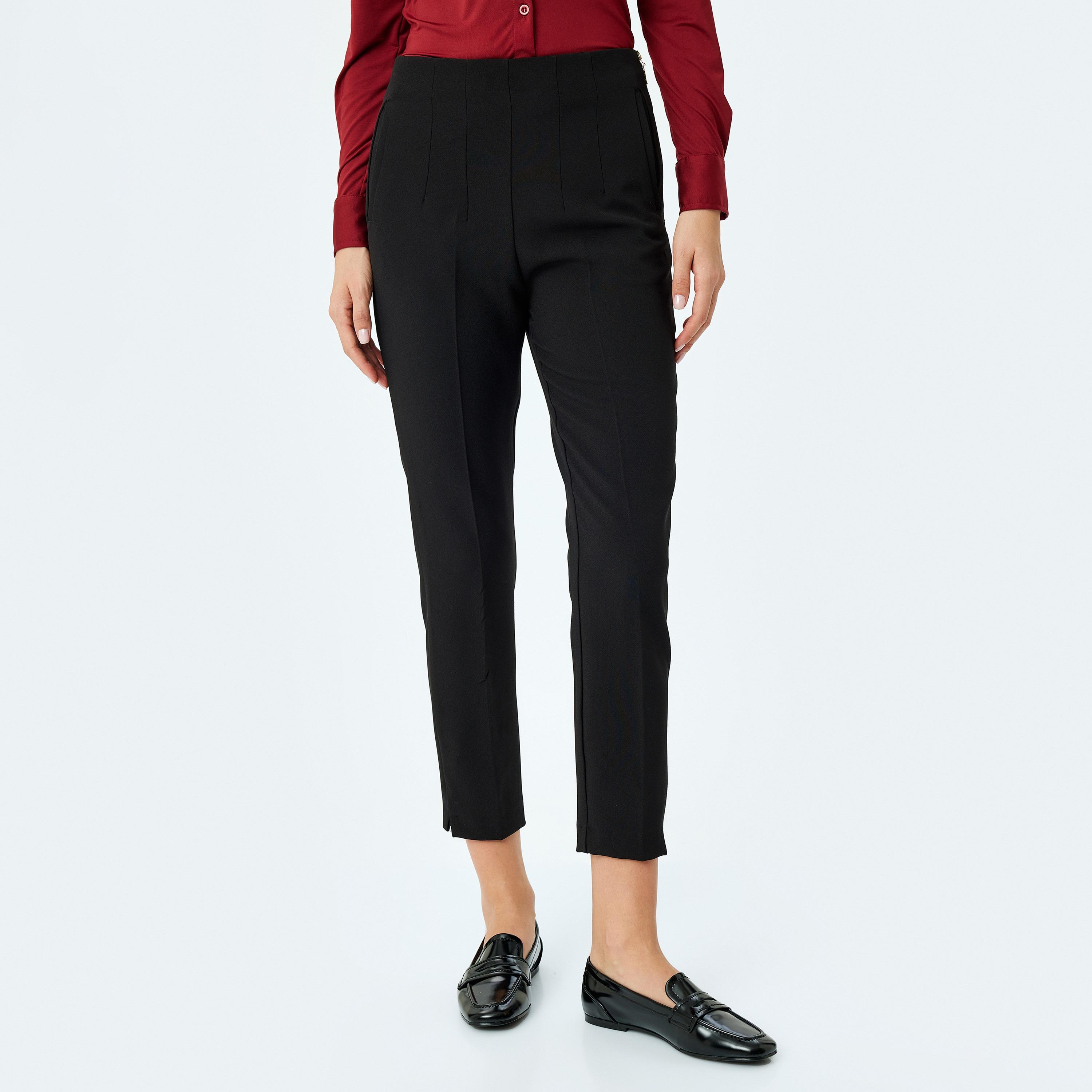 بنطلون نسائي كوتون الأسود العادي بسحاب على الجانب-women-clothing-bottoms-trousers-image-1