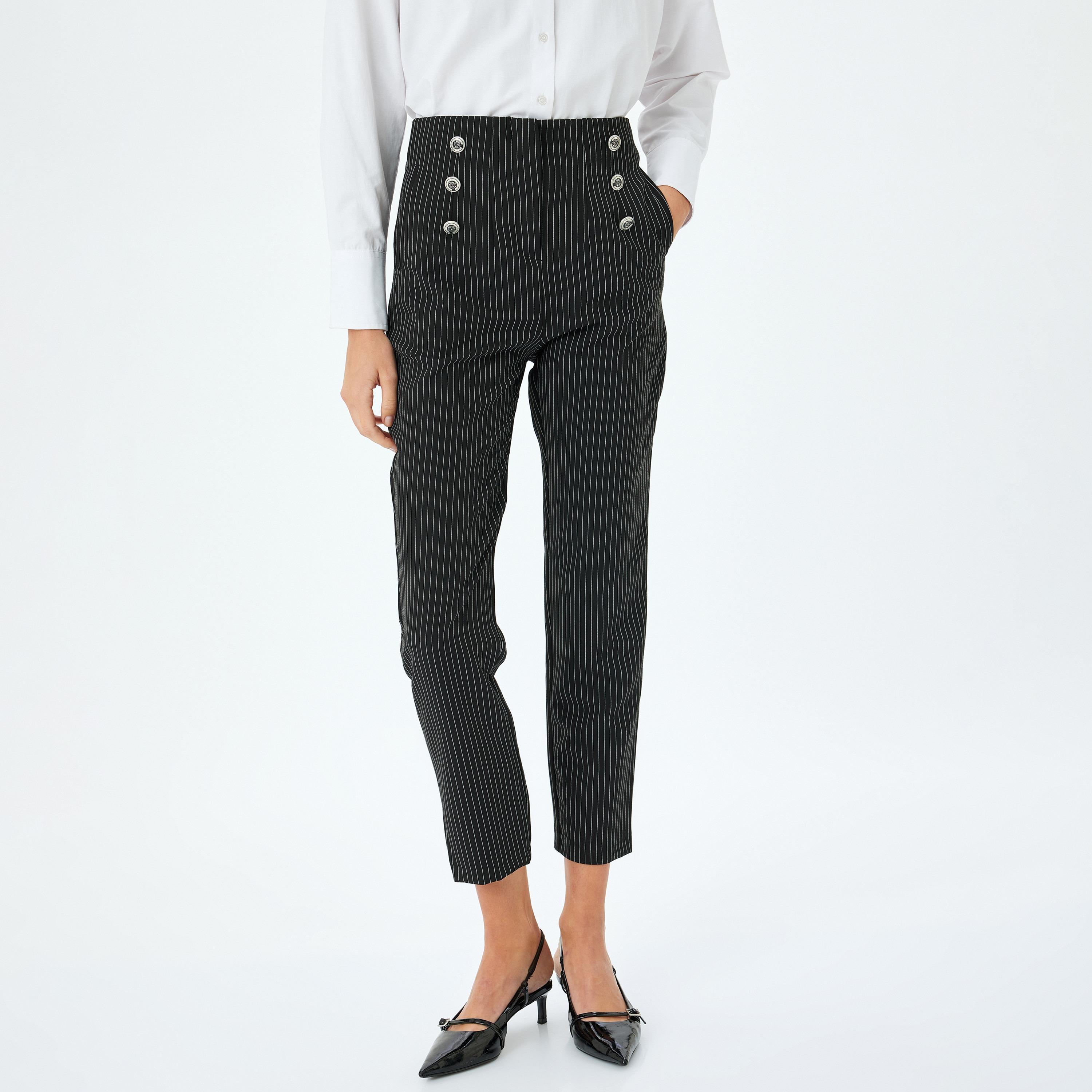 Koton Black Striped Hook Closure Women's Trousers-women-clothing-bottoms-trousers-image-1