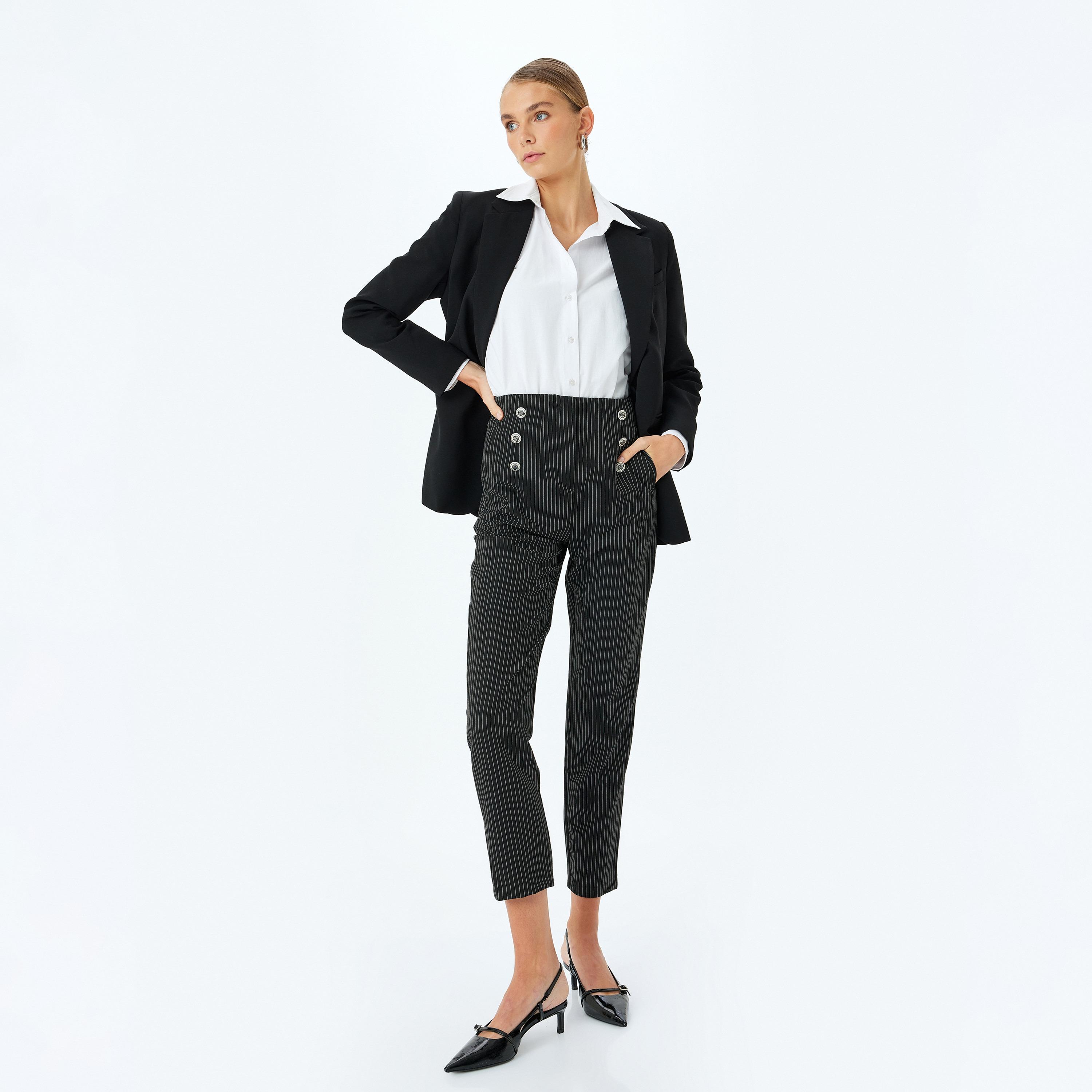 Koton Black Striped Hook Closure Women's Trousers-women-clothing-bottoms-trousers-image-2