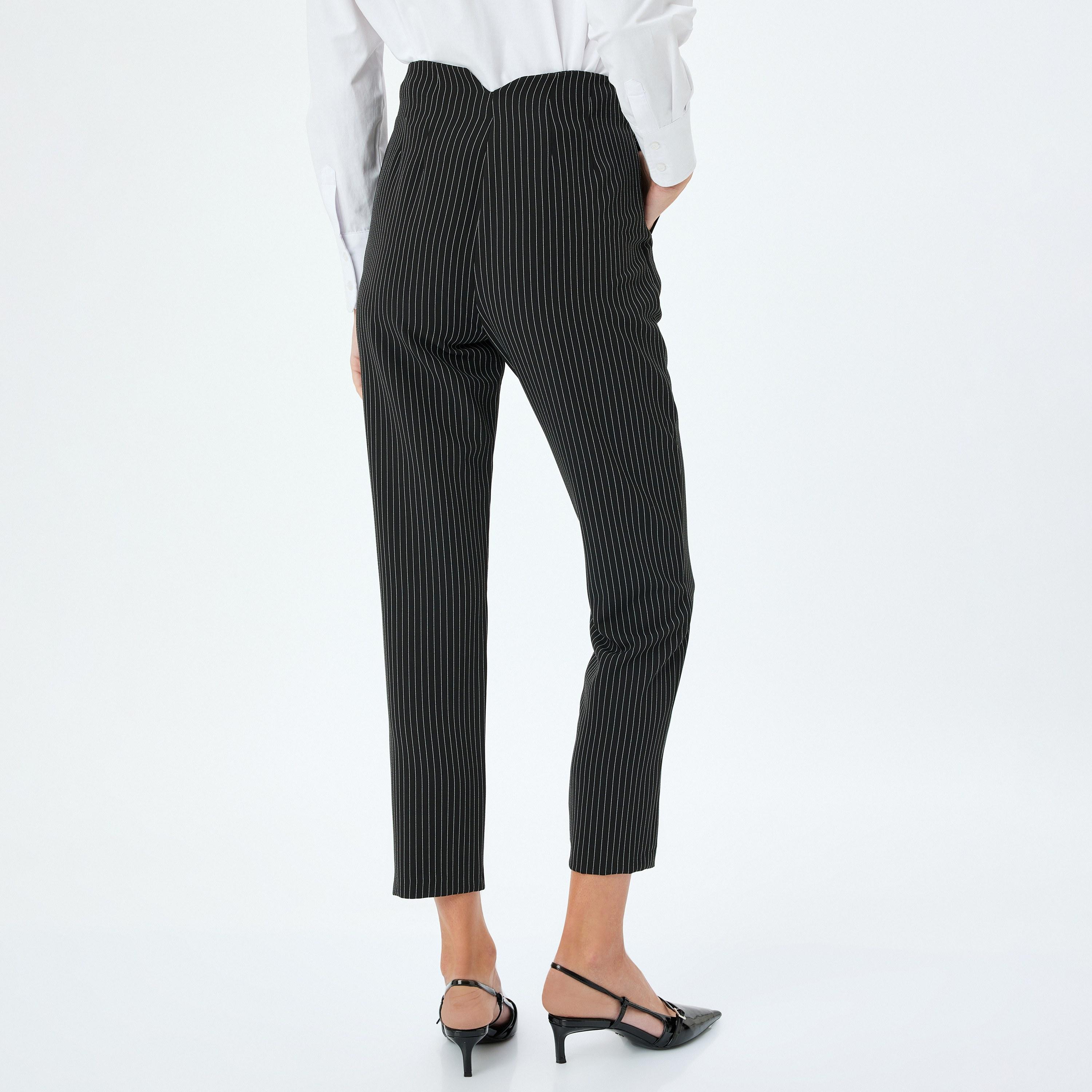 Koton Black Striped Hook Closure Women's Trousers-women-clothing-bottoms-trousers-image-3