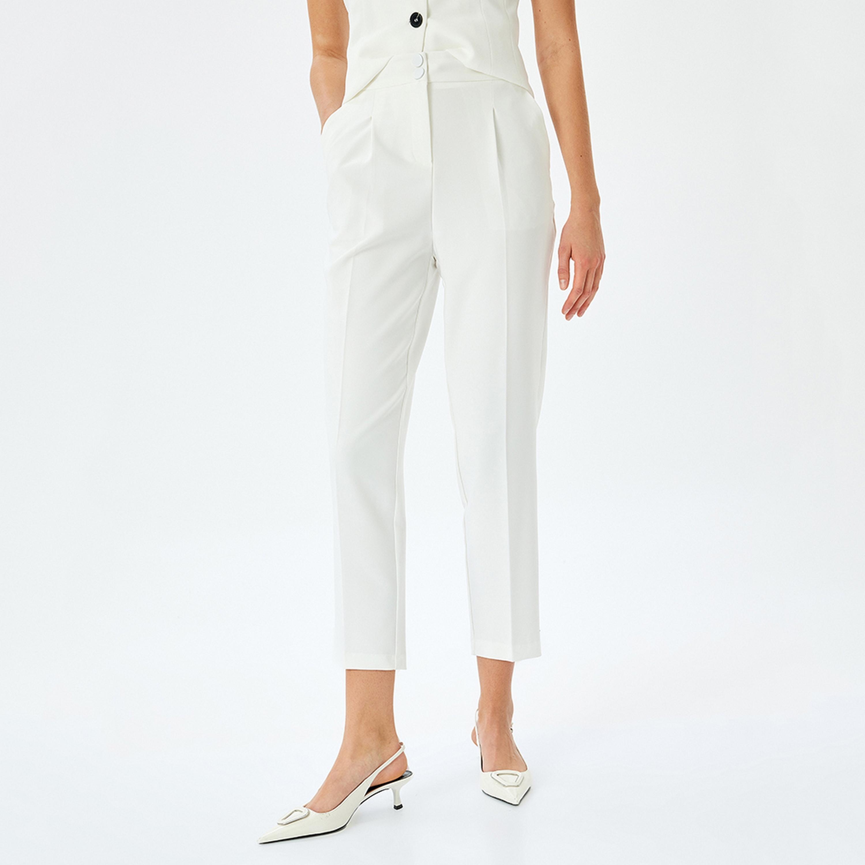 بنطلون نسائي بخصر عالٍ مع زر وسحاب للإغلاق باللون الأبيض من كوتون.-women-clothing-bottoms-trousers-image-1