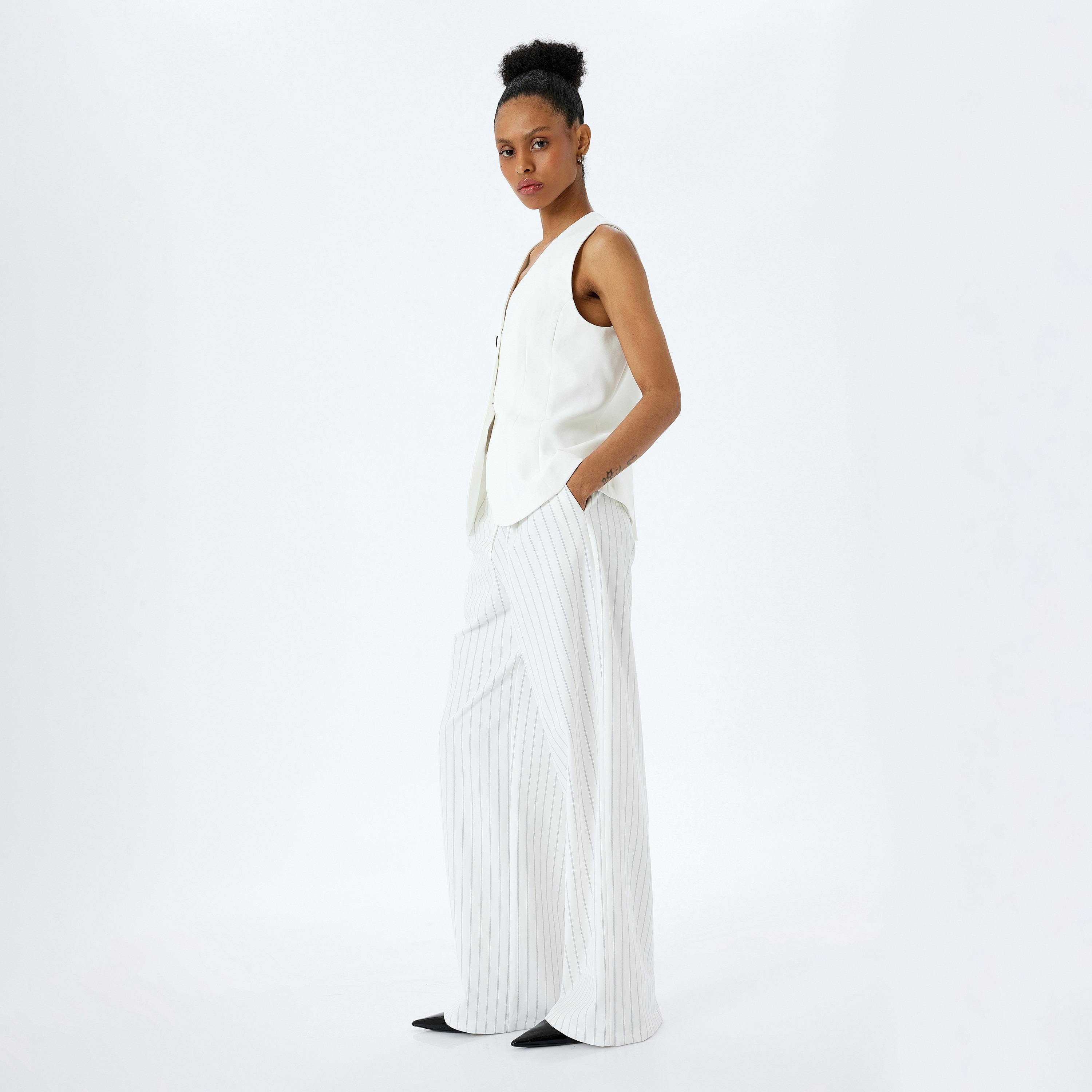 Koton Black Striped Hook Closure Women's Trousers-women-clothing-bottoms-trousers-image-2
