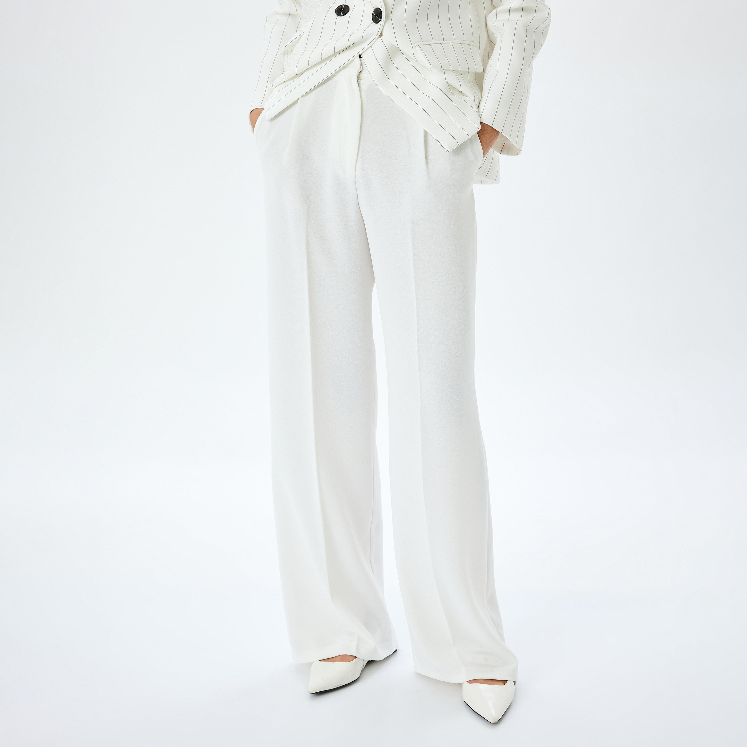 Koton White Plain Hook Closure Women's Trousers-women-clothing-bottoms-trousers-image-1