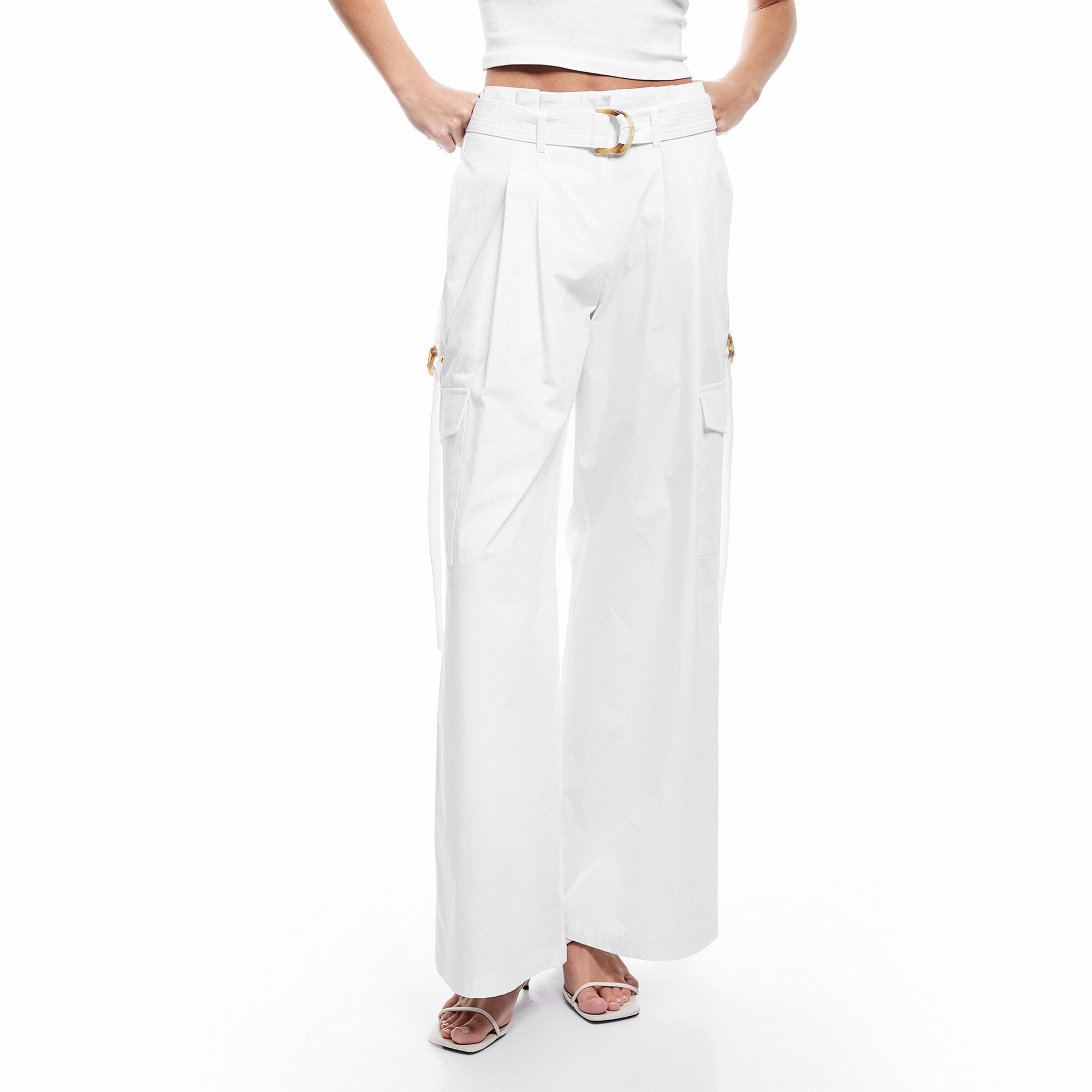 KOTON White Cotton Zip Fly Wide Leg Women's Trousers-women-clothing-bottoms-trousers-image-1