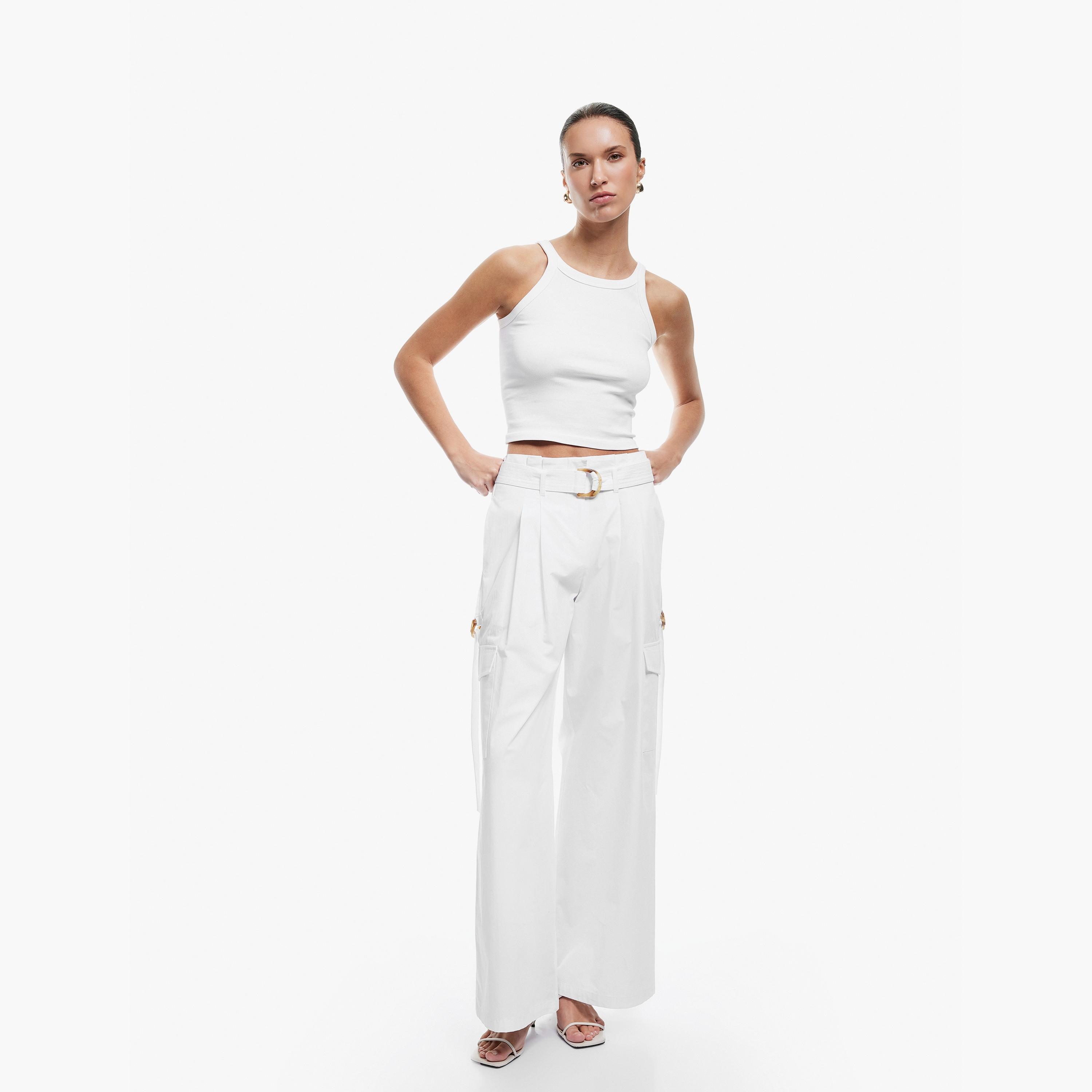 KOTON White Cotton Zip Fly Wide Leg Women's Trousers-women-clothing-bottoms-trousers-image-2