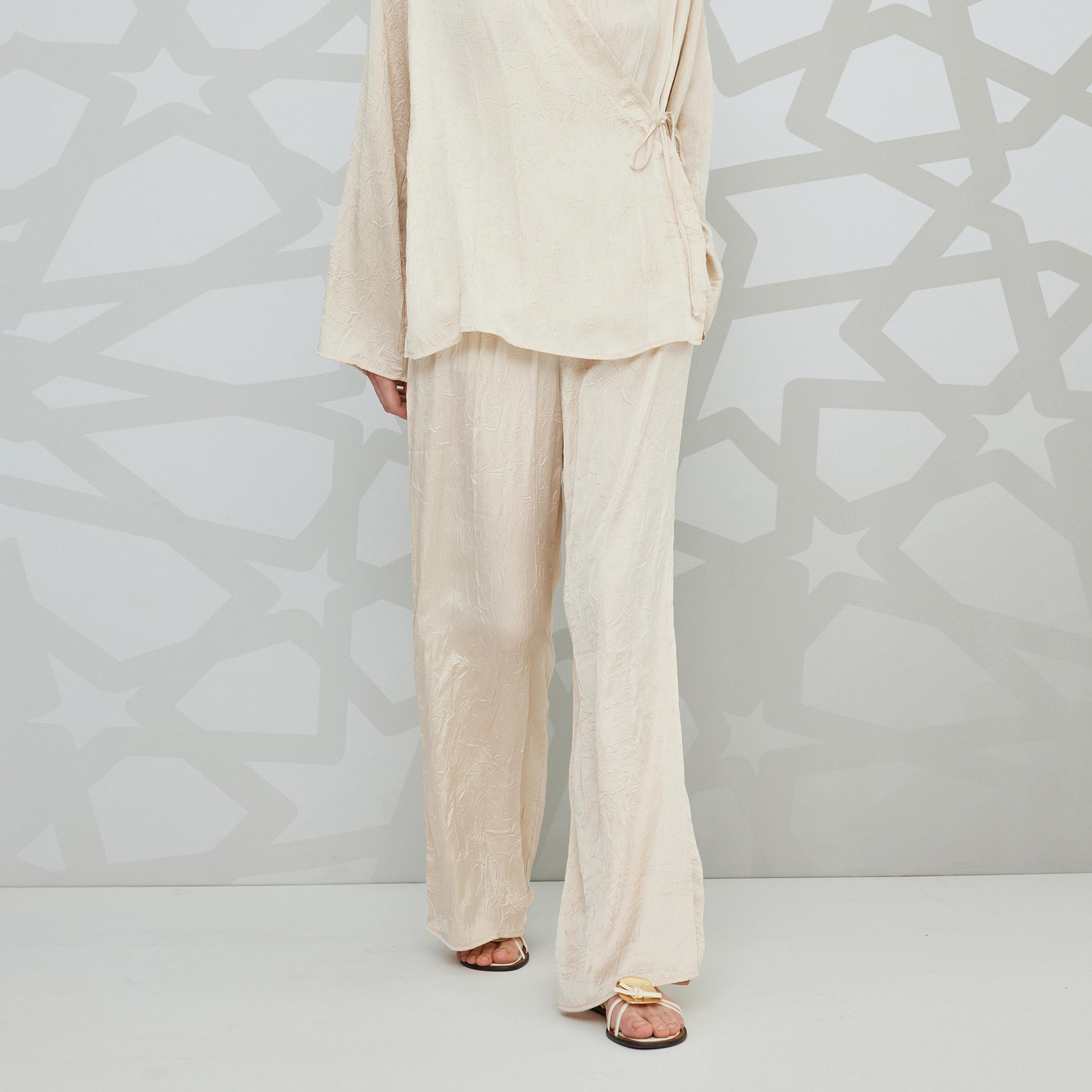 Koton Beige Crinkled Elasticated Waist Women's Trousers-women-clothing-bottoms-trousers-image-1