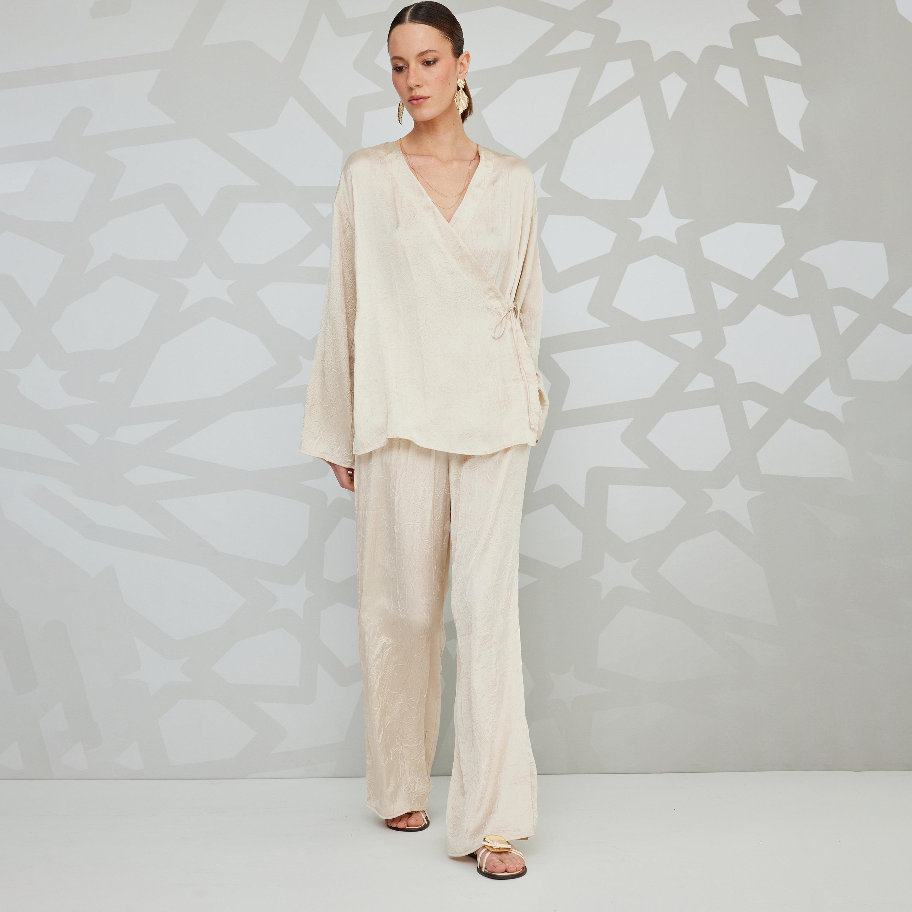 Koton Beige Crinkled Elasticated Waist Women's Trousers-women-clothing-bottoms-trousers-image-2
